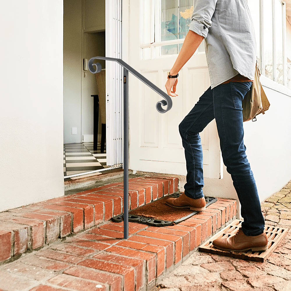 VEVOR Single Post Handrail Wrought Iron Post Mount Step Grab Supports in Ground Long Post Fits 1 or 2 Steps Grab Rail Single Post Railing (Gray)