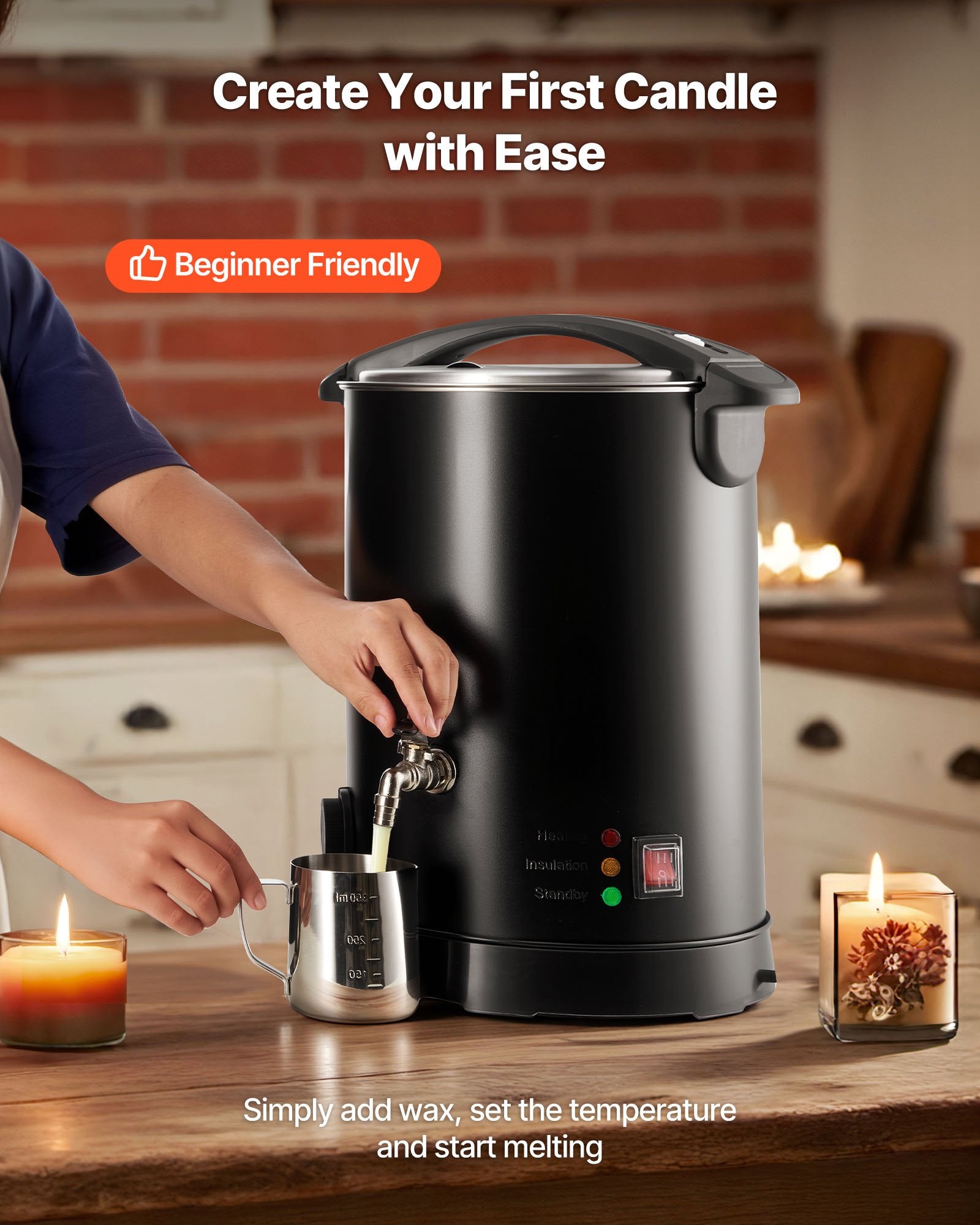 10.6 Qt Wax Melter for Candle & Soap Making - Fast Heating, Easy Pour Spout, Temperature Control, Non-Stick Hourglass Base, Black Electric Melting Pot