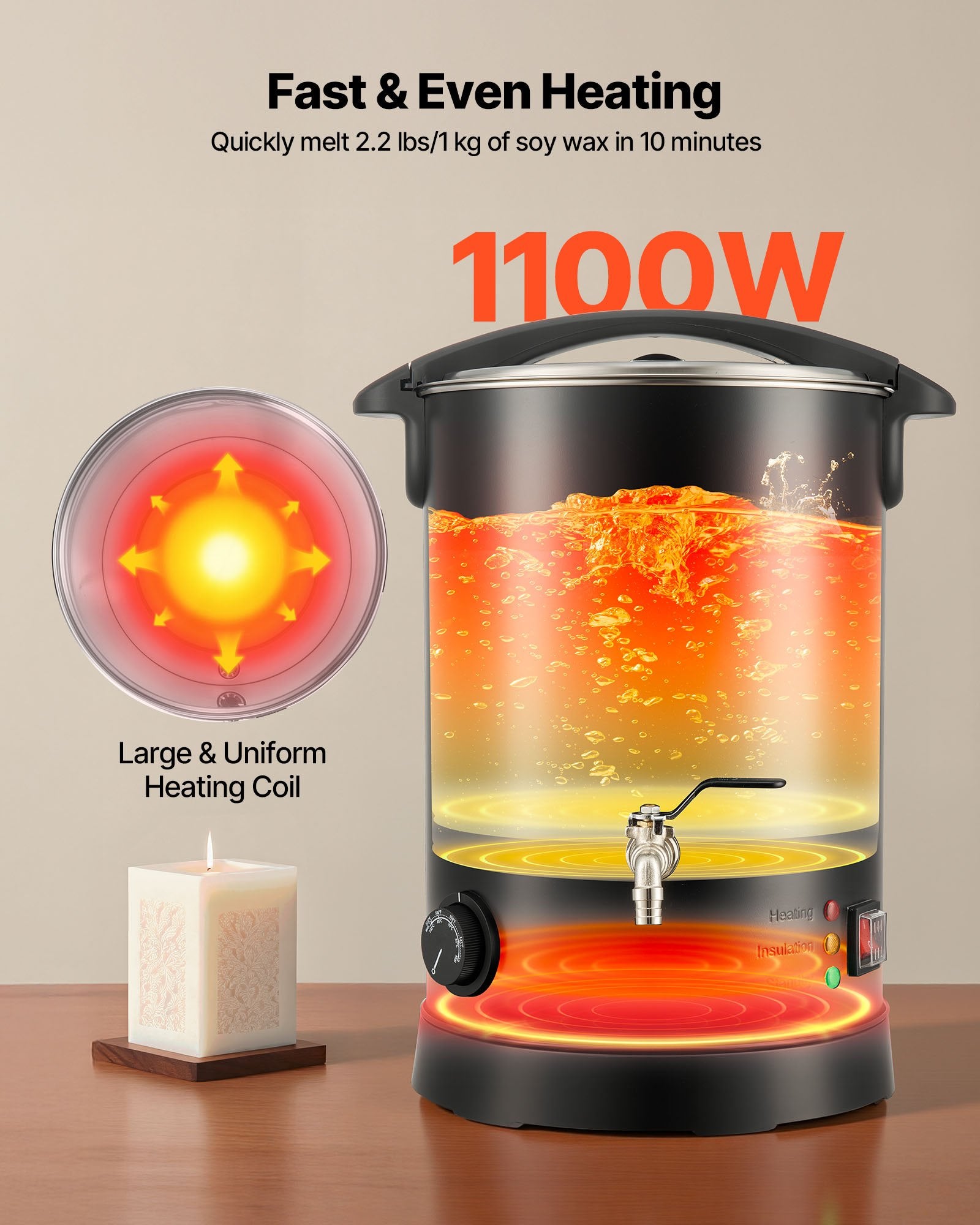 10.6 Qt Wax Melter for Candle & Soap Making - Fast Heating, Easy Pour Spout, Temperature Control, Non-Stick Hourglass Base, Black Electric Melting Pot