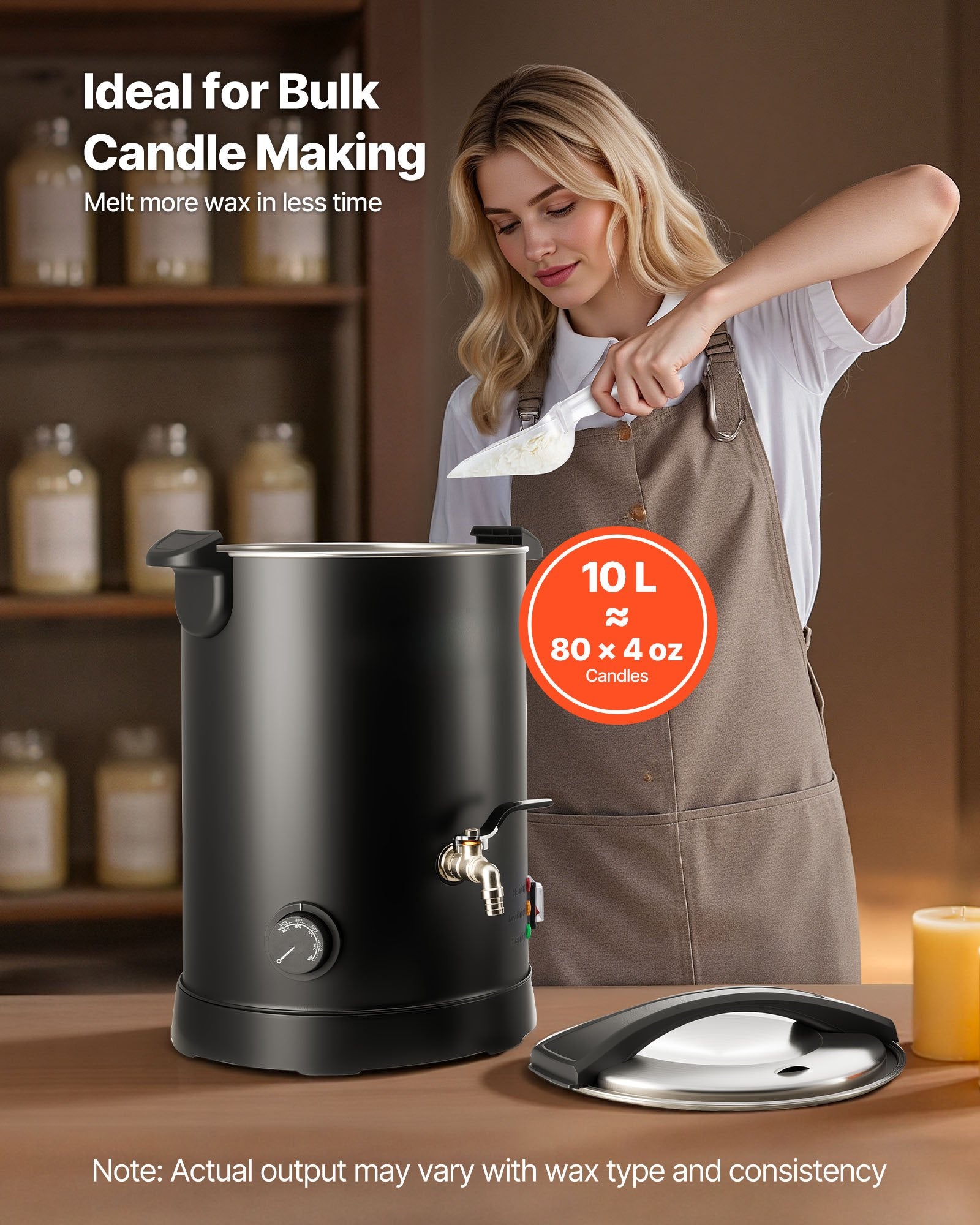 10.6 Qt Wax Melter for Candle & Soap Making - Fast Heating, Easy Pour Spout, Temperature Control, Non-Stick Hourglass Base, Black Electric Melting Pot