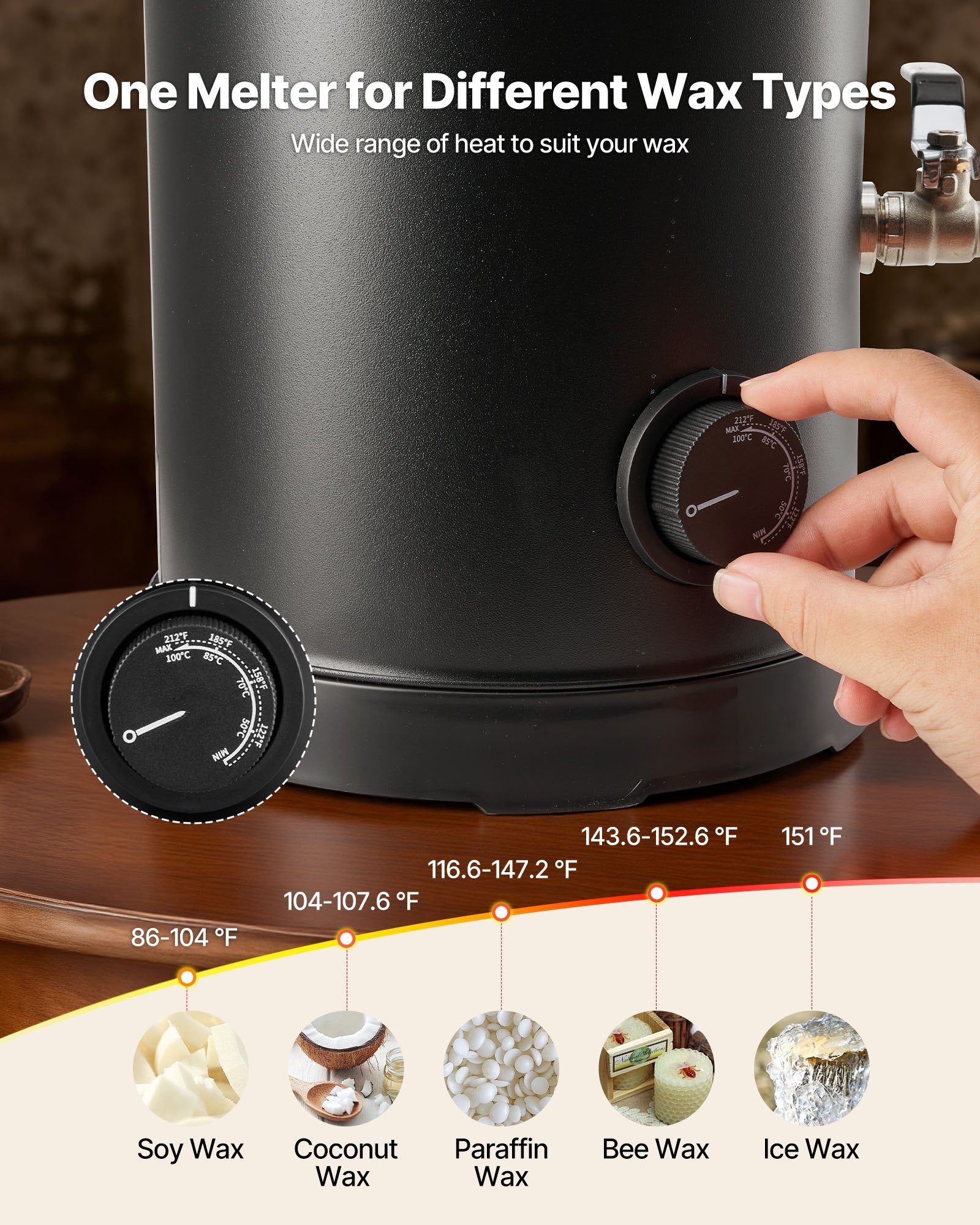 10.6 Qt Wax Melter for Candle & Soap Making - Fast Heating, Easy Pour Spout, Temperature Control, Non-Stick Hourglass Base, Black Electric Melting Pot