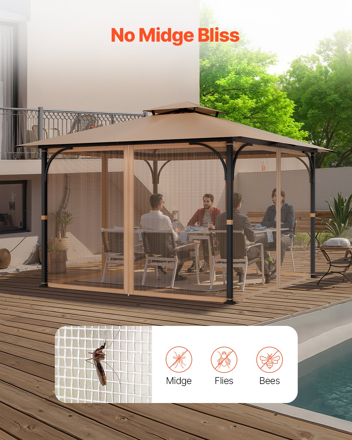 Universal 10x10x7 FT Gazebo Netting Replacement with Double Zipper, Durable 4-Panel Sidewalls for Outdoor Patio & Garden Canopy Screen