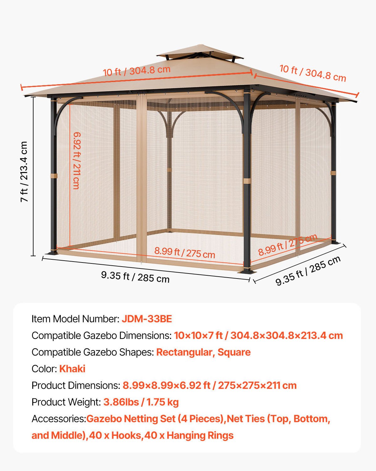 Universal 10x10x7 FT Gazebo Netting Replacement with Double Zipper, Durable 4-Panel Sidewalls for Outdoor Patio & Garden Canopy Screen