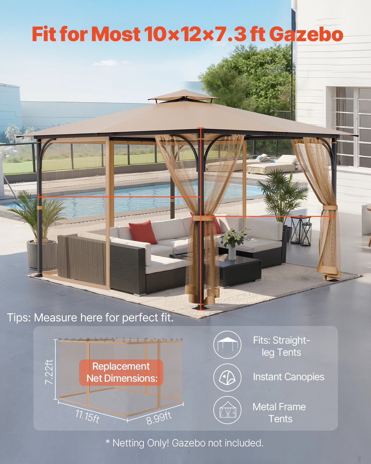 Universal 10x12 FT Gazebo Netting with Double Zipper—Durable Mesh Curtain for Patio, Garden, Midge Protection & Easy Maintenance