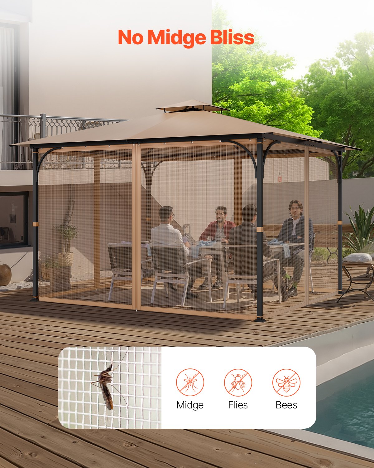 Universal 10x12 FT Gazebo Netting with Double Zipper—Durable Mesh Curtain for Patio, Garden, Midge Protection & Easy Maintenance