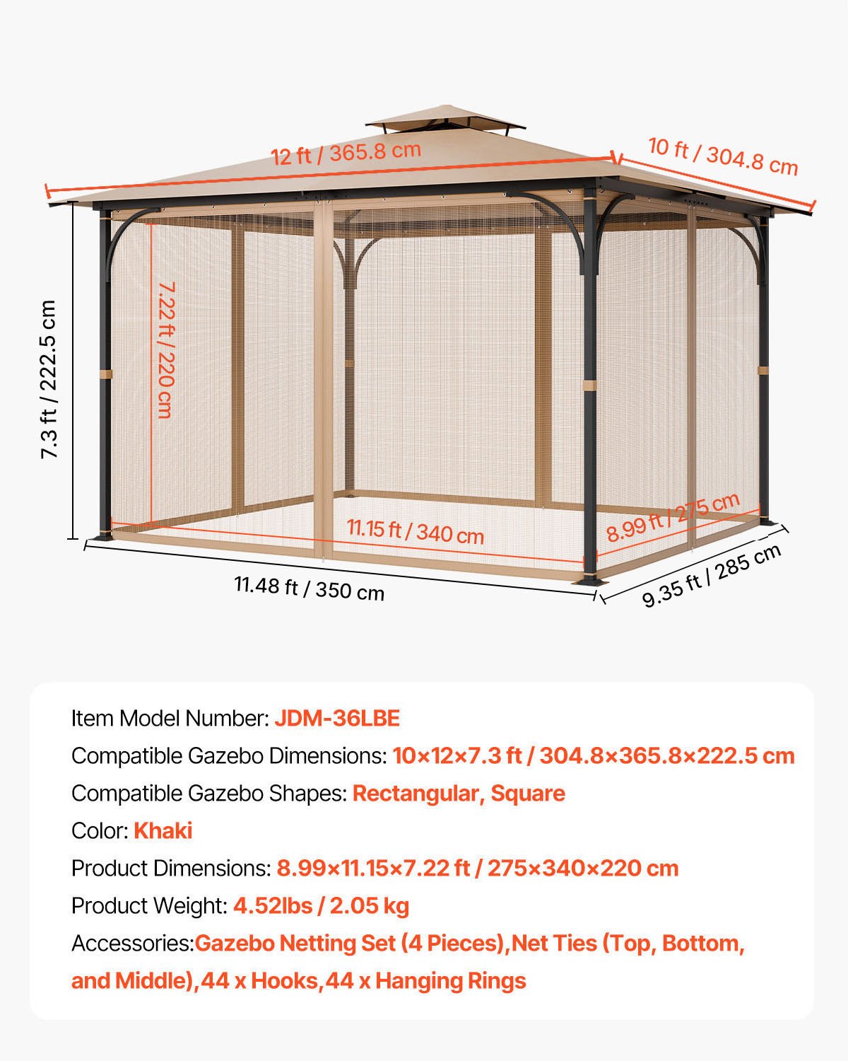 Universal 10x12 FT Gazebo Netting with Double Zipper—Durable Mesh Curtain for Patio, Garden, Midge Protection & Easy Maintenance