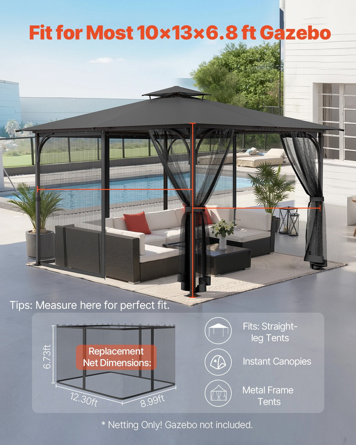 Universal Gazebo Netting Replacement for 10x13x6.8 FT, 4-Panel Mesh Sidewall with Double Zipper, Black Canopy Screen for Outdoor Patio Protection