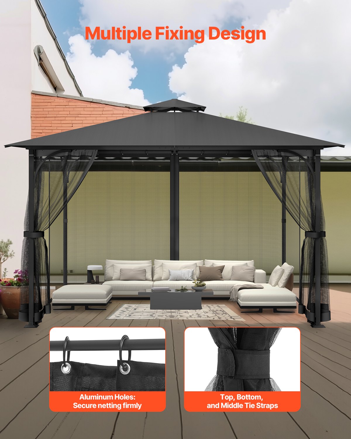Universal Gazebo Netting Replacement for 10x13x6.8 FT, 4-Panel Mesh Sidewall with Double Zipper, Black Canopy Screen for Outdoor Patio Protection