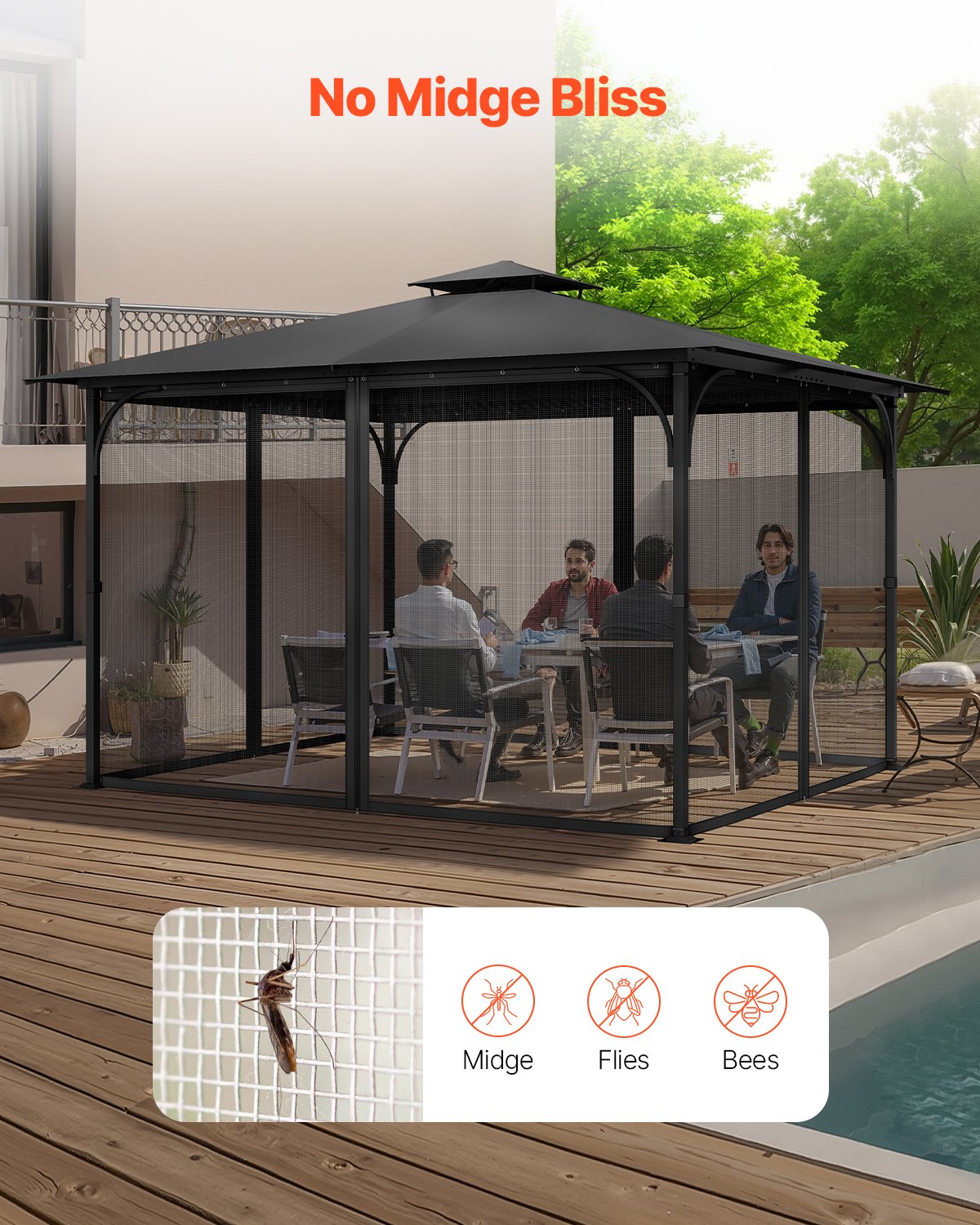 Universal Gazebo Netting Replacement for 10x13x6.8 FT, 4-Panel Mesh Sidewall with Double Zipper, Black Canopy Screen for Outdoor Patio Protection