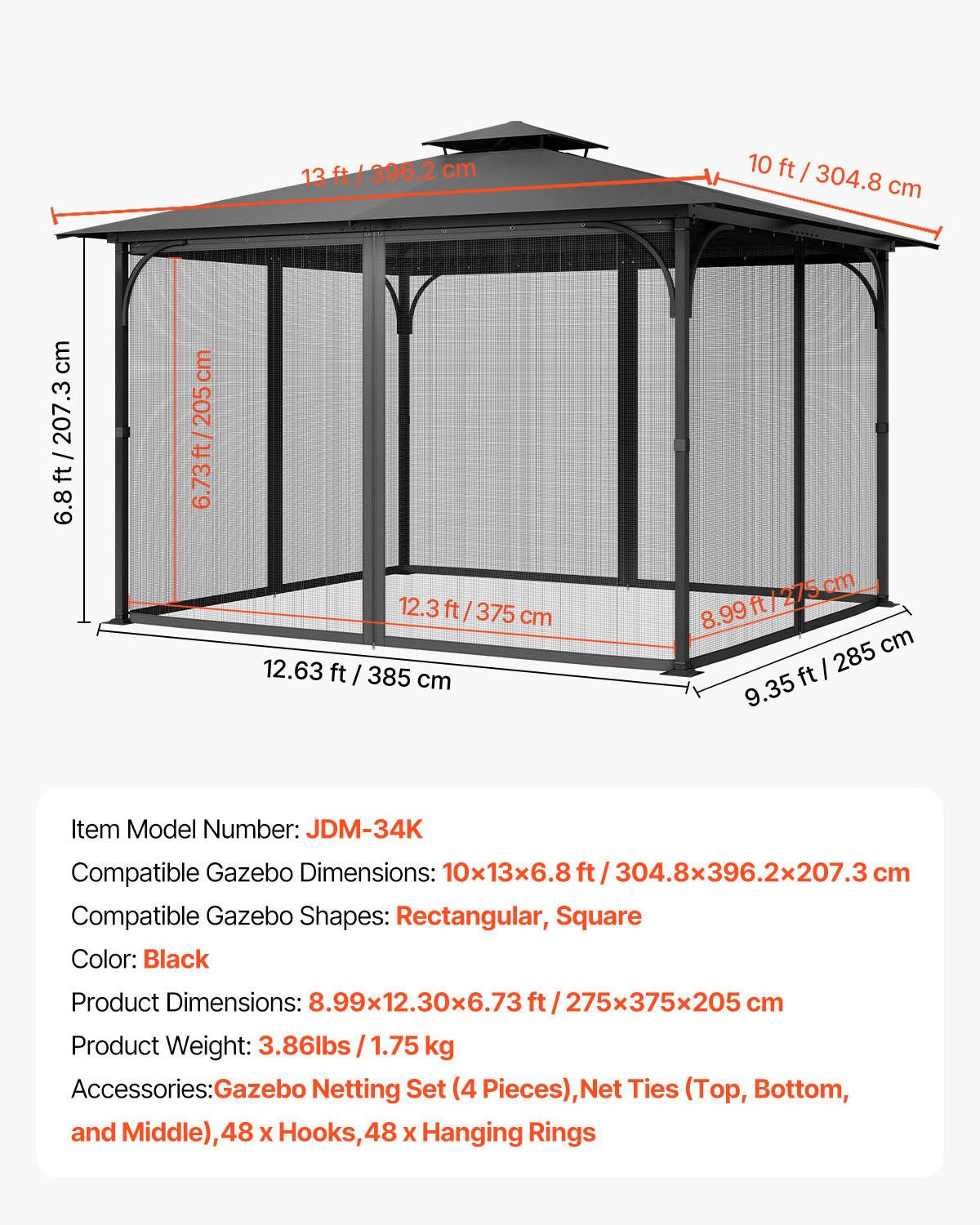 Universal Gazebo Netting Replacement for 10x13x6.8 FT, 4-Panel Mesh Sidewall with Double Zipper, Black Canopy Screen for Outdoor Patio Protection