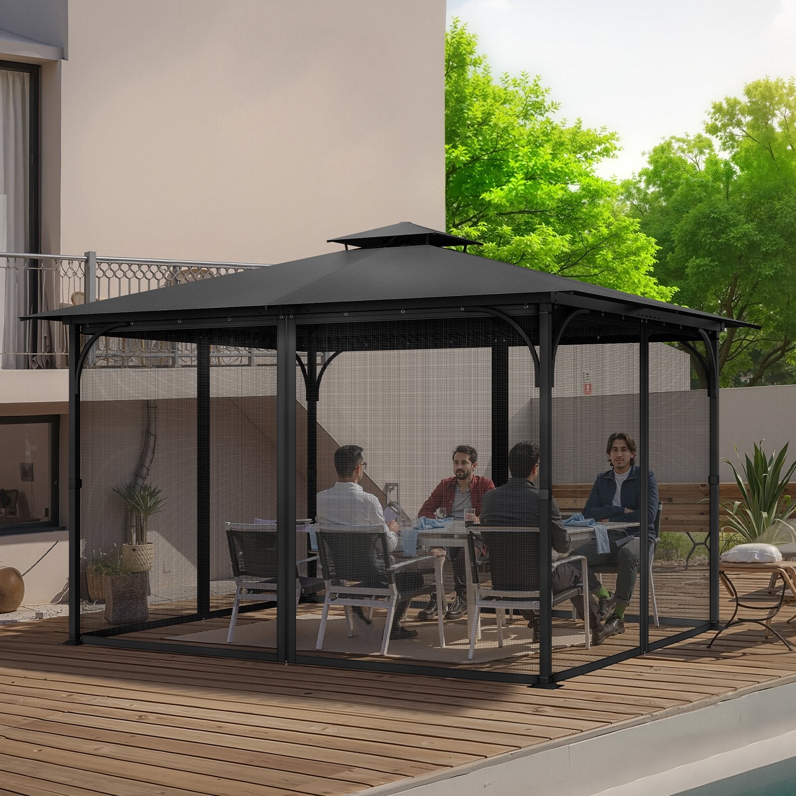 Universal Gazebo Netting Replacement for 10x13x6.8 FT, 4-Panel Mesh Sidewall with Double Zipper, Black Canopy Screen for Outdoor Patio Protection
