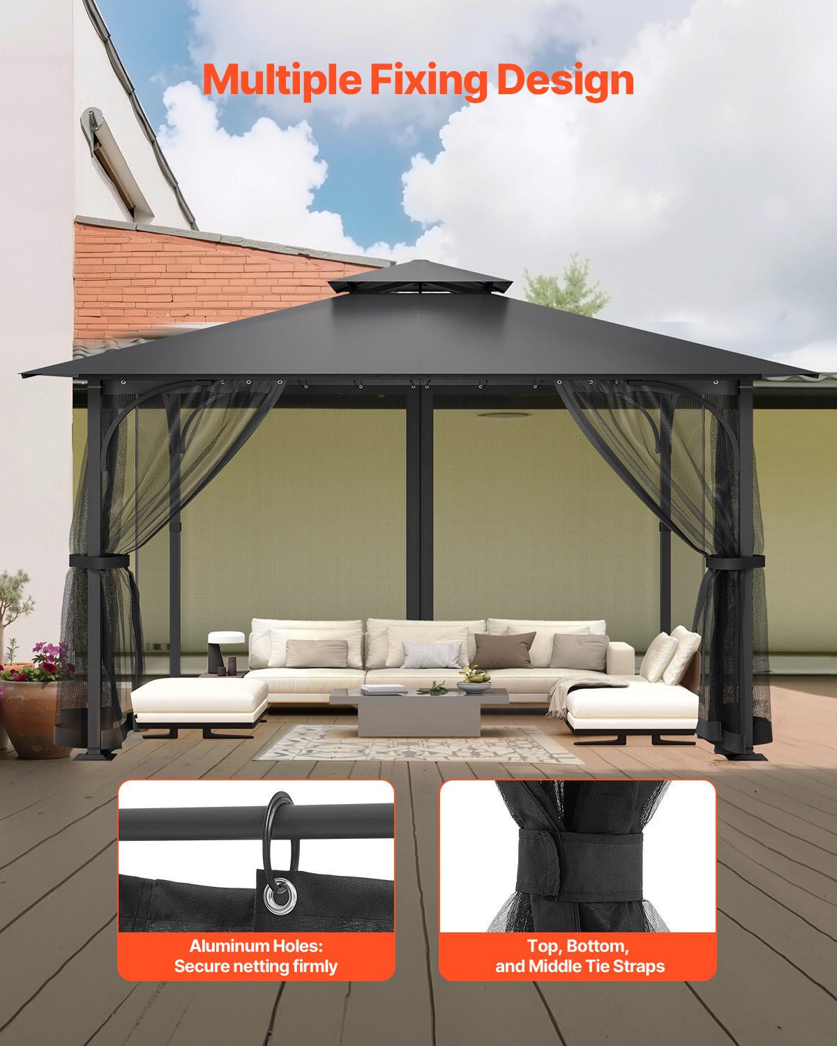 Gazebo Netting Replacement for 12x12x7.5 FT Gazebo - Outdoor Garden Mesh Curtain, 4-Panel Sidewall, Double Zipper Midge Protection Screen
