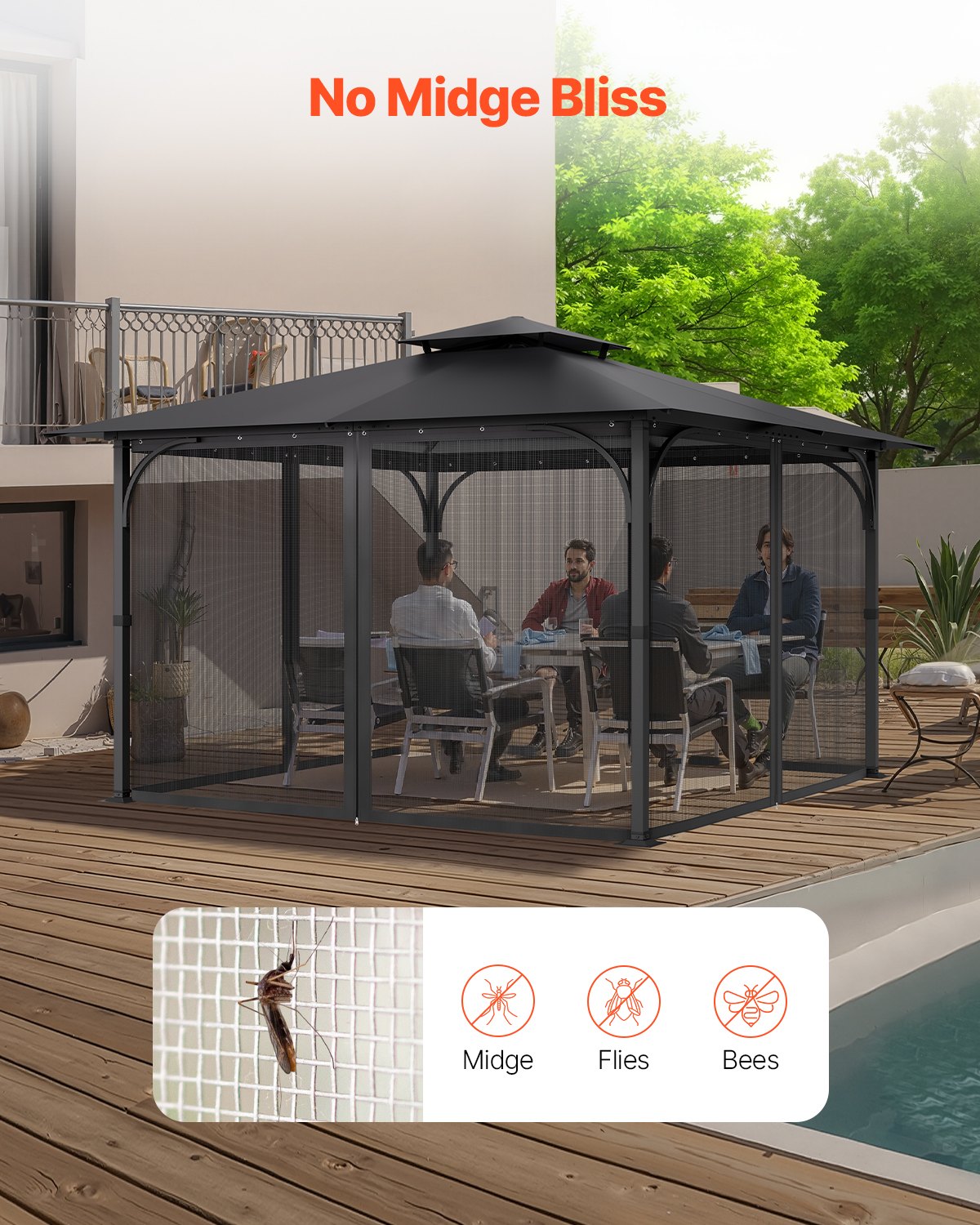 Gazebo Netting Replacement for 12x12x7.5 FT Gazebo - Outdoor Garden Mesh Curtain, 4-Panel Sidewall, Double Zipper Midge Protection Screen