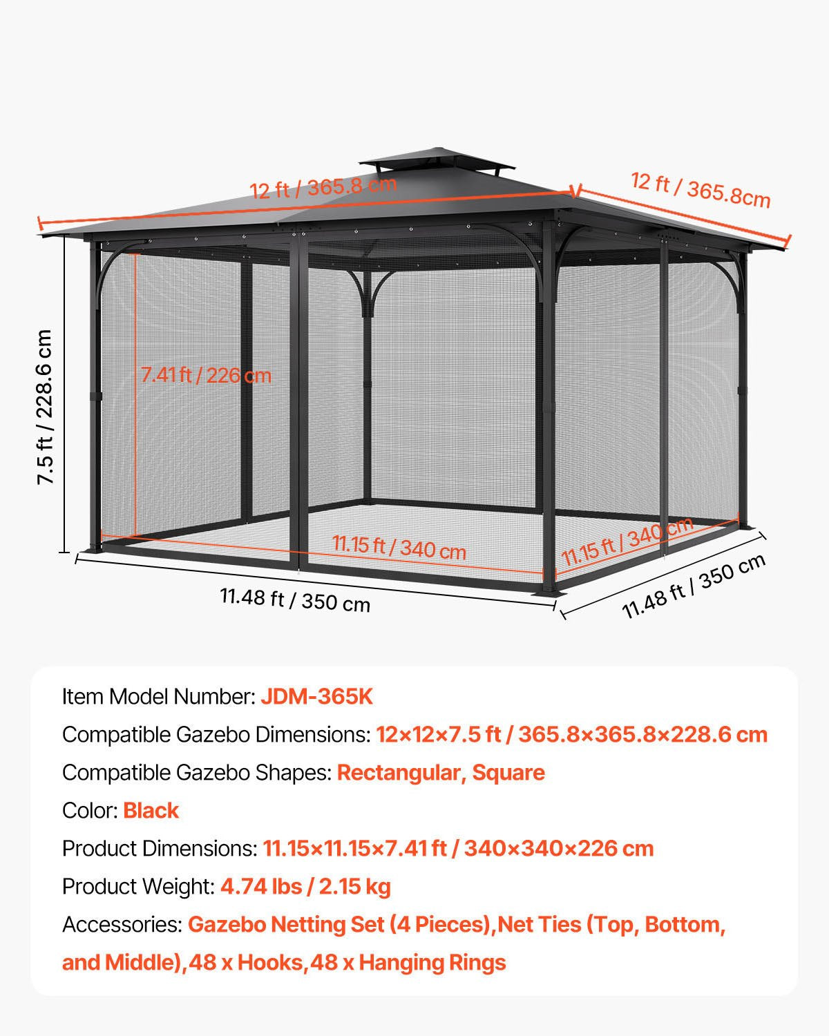 Gazebo Netting Replacement for 12x12x7.5 FT Gazebo - Outdoor Garden Mesh Curtain, 4-Panel Sidewall, Double Zipper Midge Protection Screen