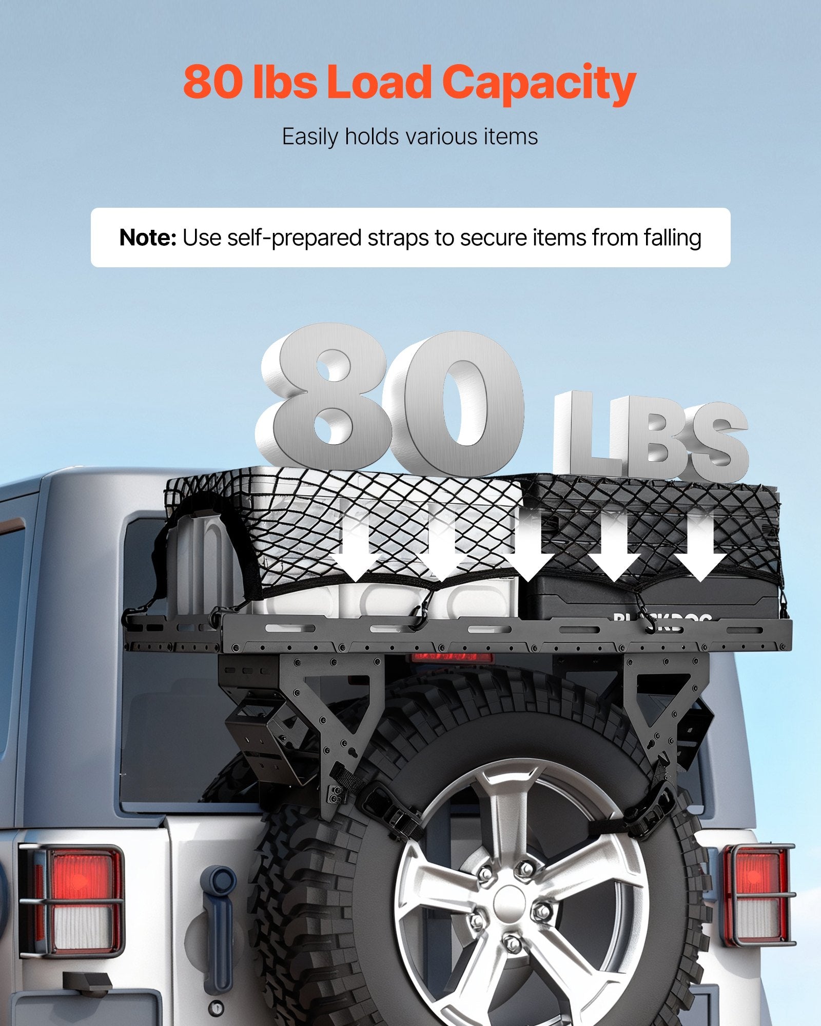 Heavy-Duty Spare Tire Cargo Basket for Jeep Wrangler 1976-2024, No-Drill Rack Tray for 30-40 Inch Tires, 80 lbs Capacity, Expanded Multi-Purpose Storage