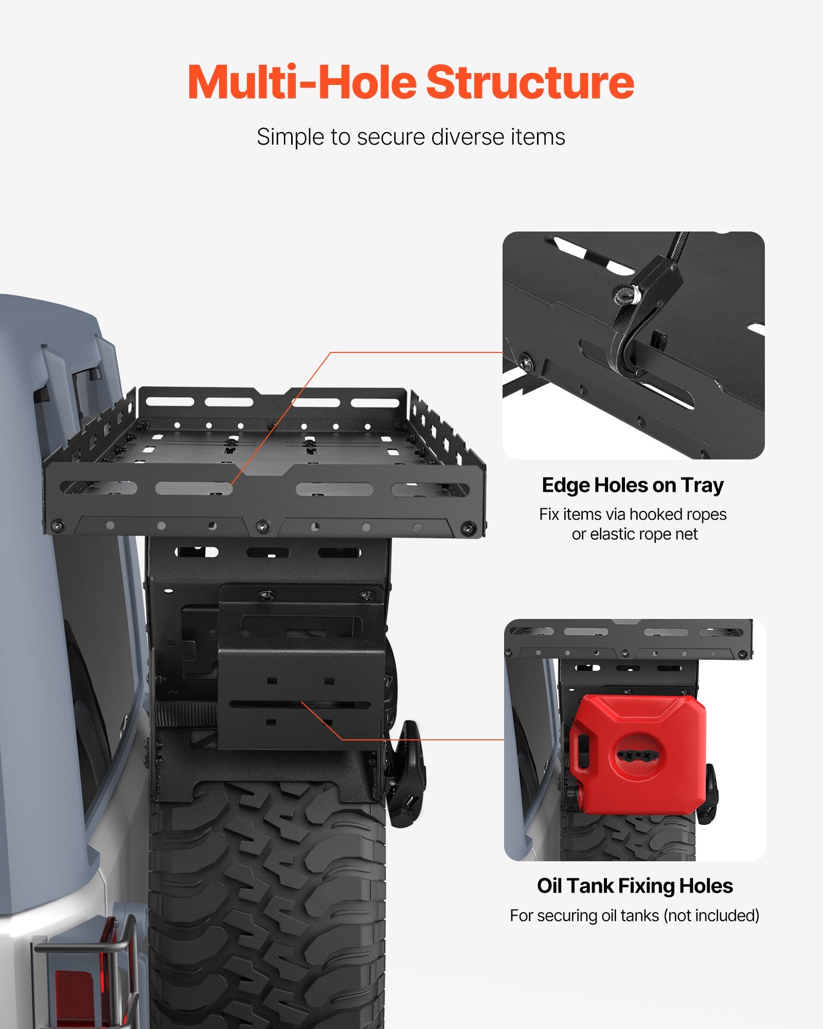 Heavy-Duty Spare Tire Cargo Basket for Jeep Wrangler 1976-2024, No-Drill Rack Tray for 30-40 Inch Tires, 80 lbs Capacity, Expanded Multi-Purpose Storage