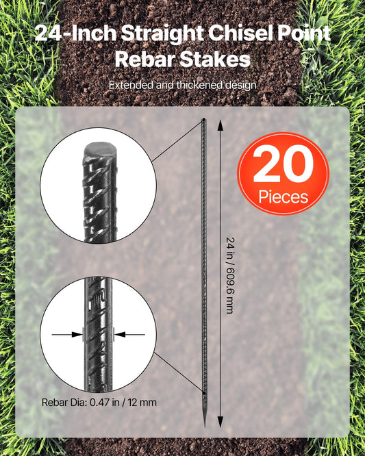 Heavy-Duty 24-Inch Rebar Stakes, 0.47" Galvanized Steel Ground Anchors with Chisel Point & Anti-Rust Coating for Gardening, Fences, Tents - 20 Pack