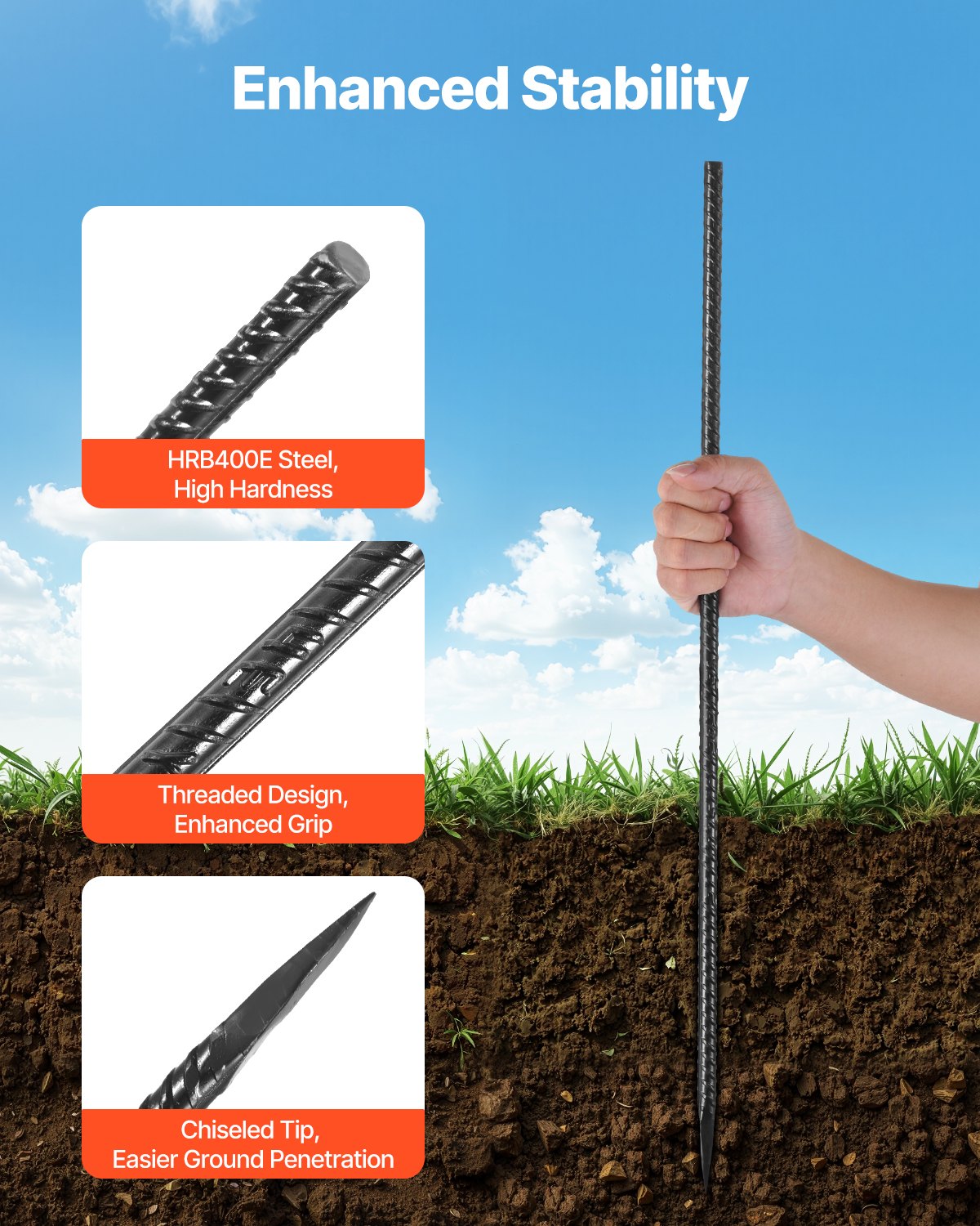 Heavy-Duty 24-Inch Rebar Stakes, 0.47" Galvanized Steel Ground Anchors with Chisel Point & Anti-Rust Coating for Gardening, Fences, Tents - 20 Pack