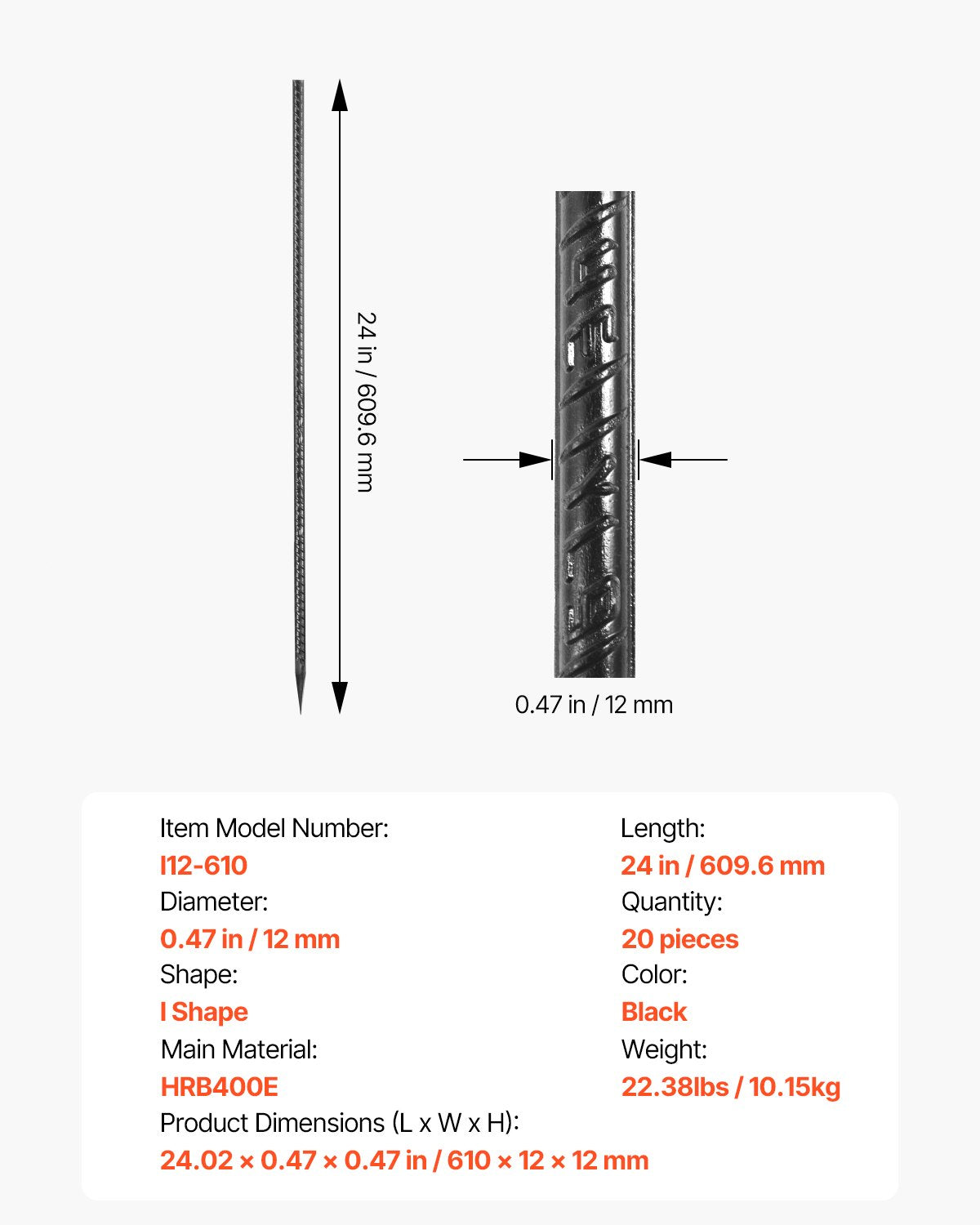 Heavy-Duty 24-Inch Rebar Stakes, 0.47" Galvanized Steel Ground Anchors with Chisel Point & Anti-Rust Coating for Gardening, Fences, Tents - 20 Pack