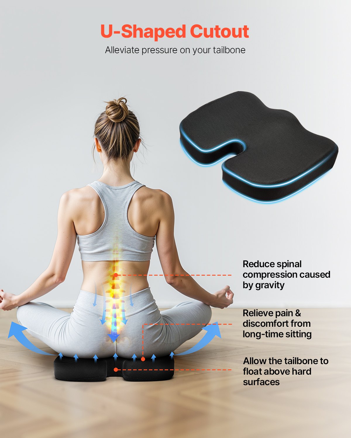 Ergonomic Cooling Gel Memory Foam Seat Cushion with U-Shaped Cutout for Pressure Relief in Wheelchairs, Cars, Offices, and Travel