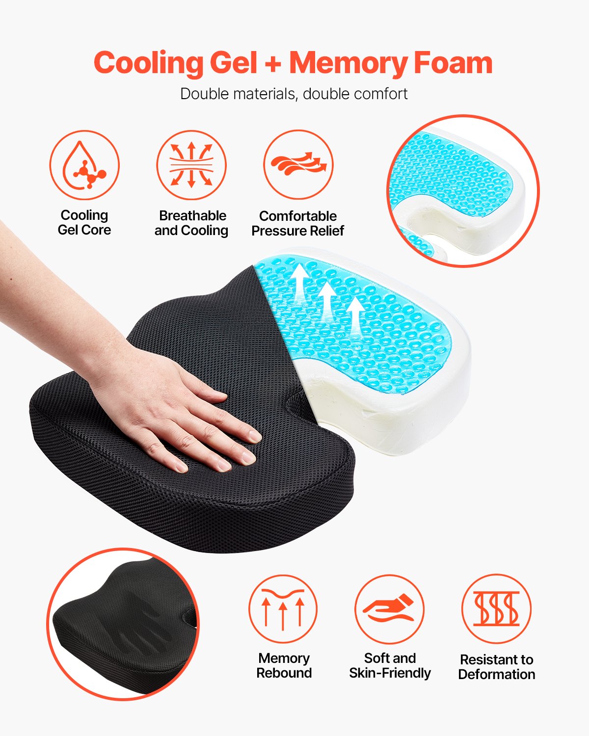Ergonomic Cooling Gel Memory Foam Seat Cushion with U-Shaped Cutout for Pressure Relief in Wheelchairs, Cars, Offices, and Travel