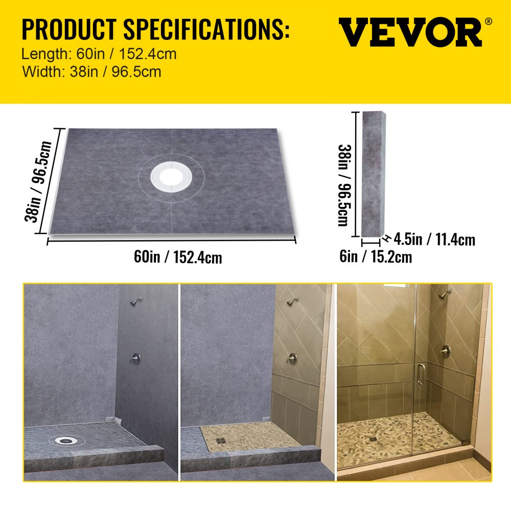 VEVOR Waterproofing Shower Kit Shower Kit Tray 38''x60'' with Central Drain PVC