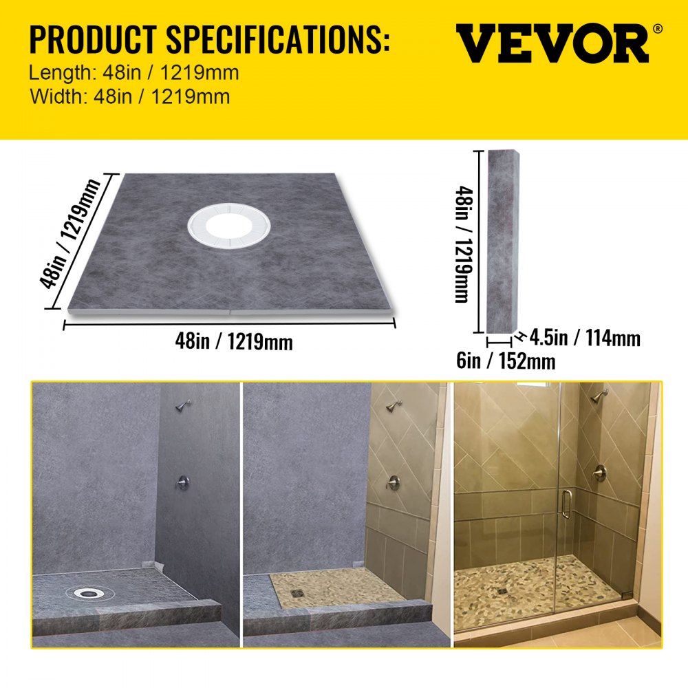 Vevor 48''x48'' Shower Kit With Shower Tray & Curb With Central Drain Kit Pvc