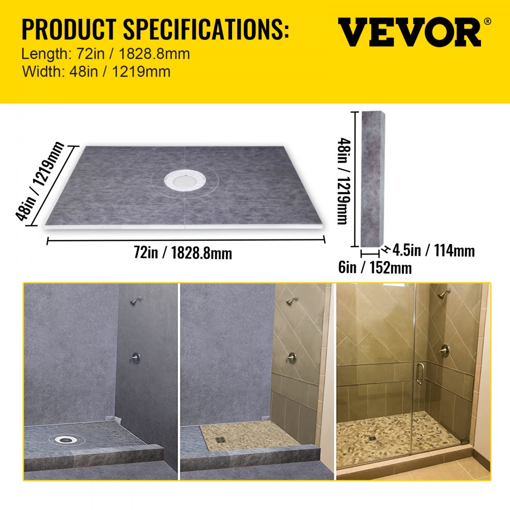 Watertight Shower Curb Overlay Kit with Cuttable Curb and Tools for Bathroom Installation, 48"x72" Size with Central Bonding Flange and Stainless Steel Grate