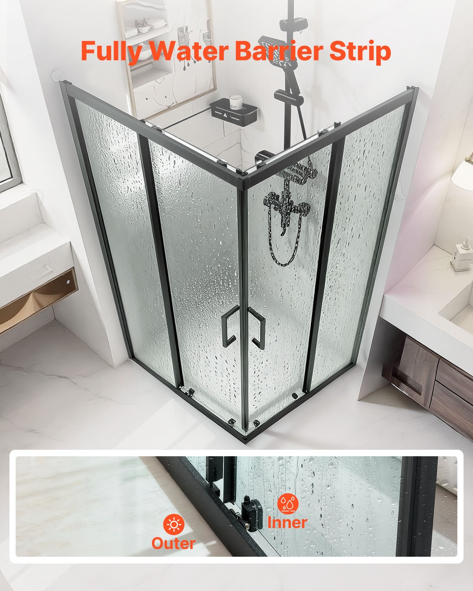 Compact 35"x35"x72" Corner Shower Enclosure with Double Sliding Doors, Clear Tempered Glass, Matte Black Frame, Magnetic Seal, Easy Install Kit