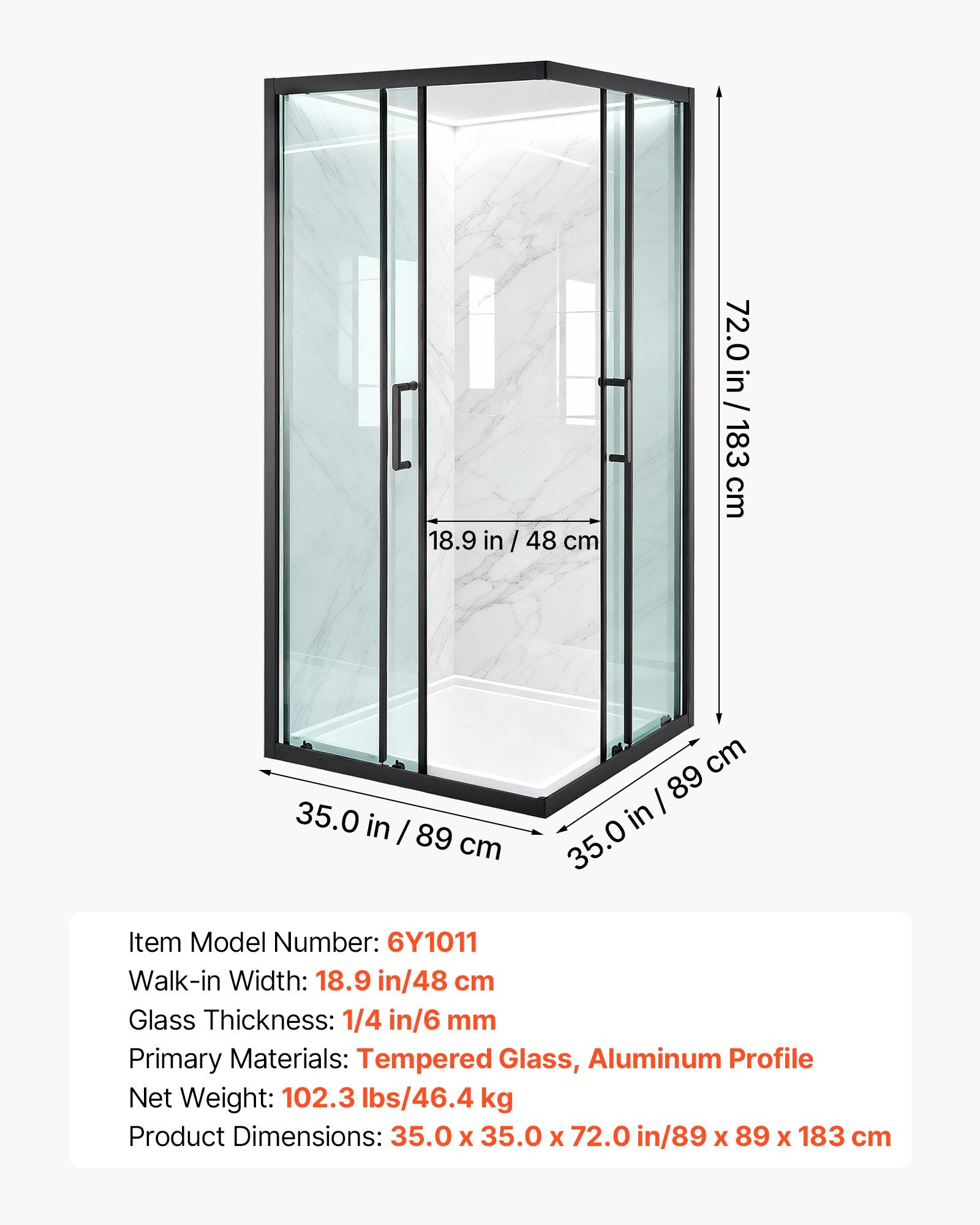 Compact 35"x35"x72" Corner Shower Enclosure with Double Sliding Doors, Clear Tempered Glass, Matte Black Frame, Magnetic Seal, Easy Install Kit