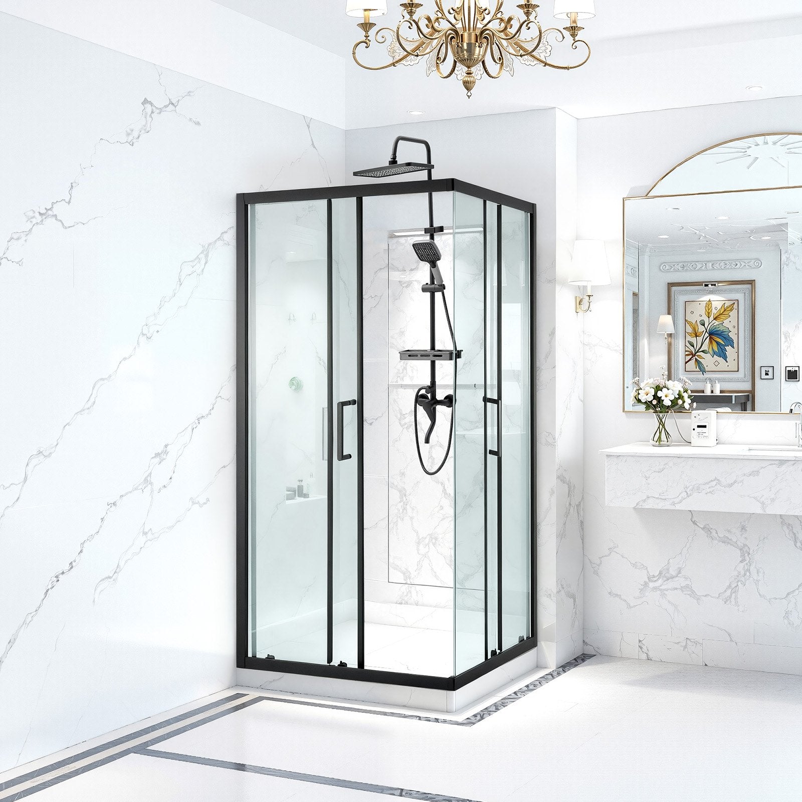 Compact 35"x35"x72" Corner Shower Enclosure with Double Sliding Doors, Clear Tempered Glass, Matte Black Frame, Magnetic Seal, Easy Install Kit