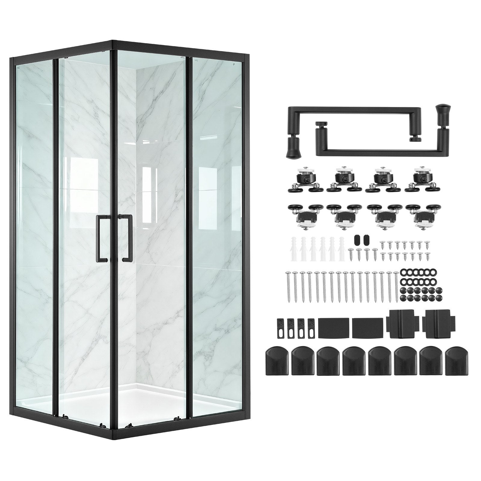Compact 35"x35"x72" Corner Shower Enclosure with Double Sliding Doors, Clear Tempered Glass, Matte Black Frame, Magnetic Seal, Easy Install Kit