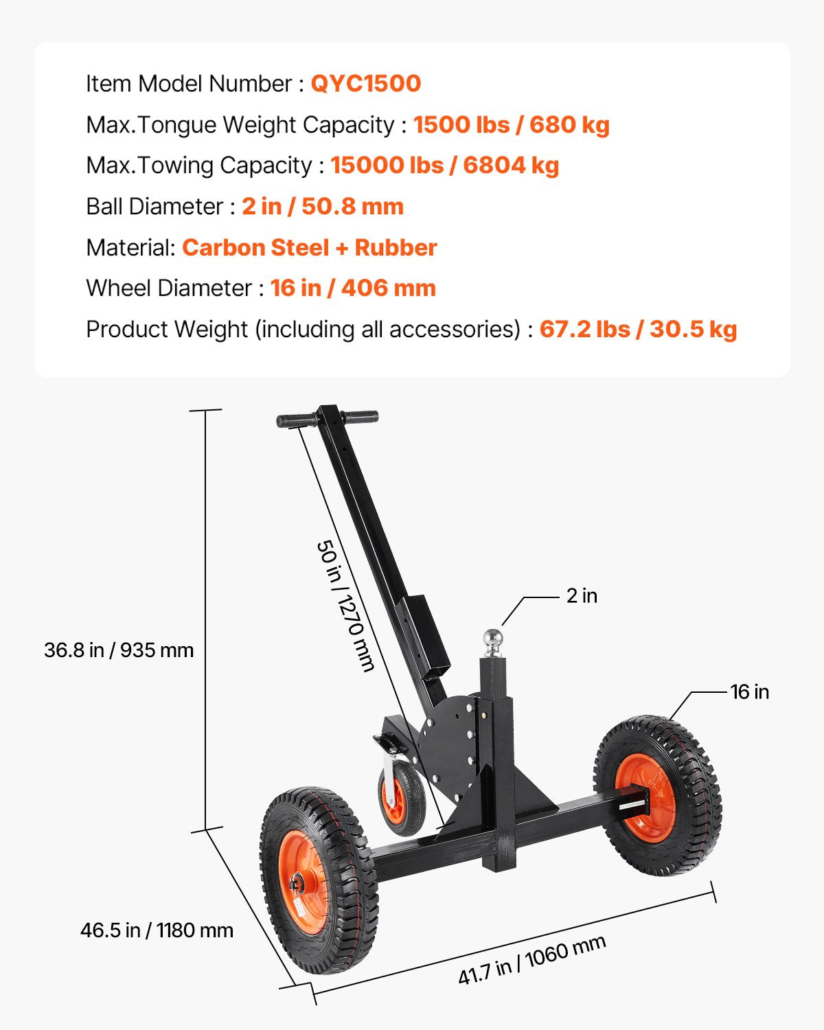 Heavy-Duty Trailer Dolly with 1500lbs Capacity, 2-in-1 Design, 2" Hitch Ball, 16" Pneumatic Tires, Universal Wheel for Car RV Trailer Transport