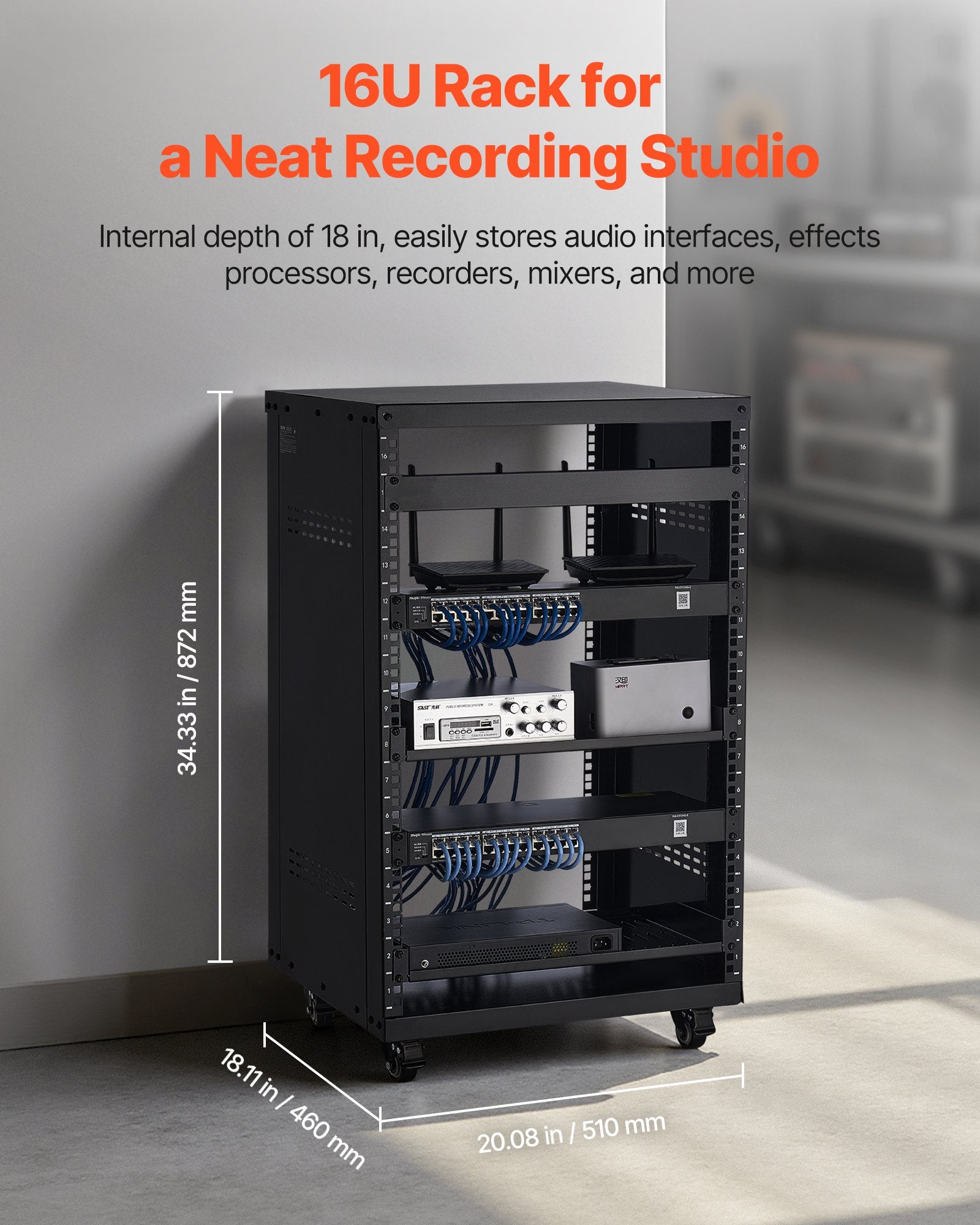 16U AV Rack for Home Studios - Sturdy Open Frame Server Cabinet with Lockable Casters, Ventilated Design for 19-Inch Audio Video and IT Equipment