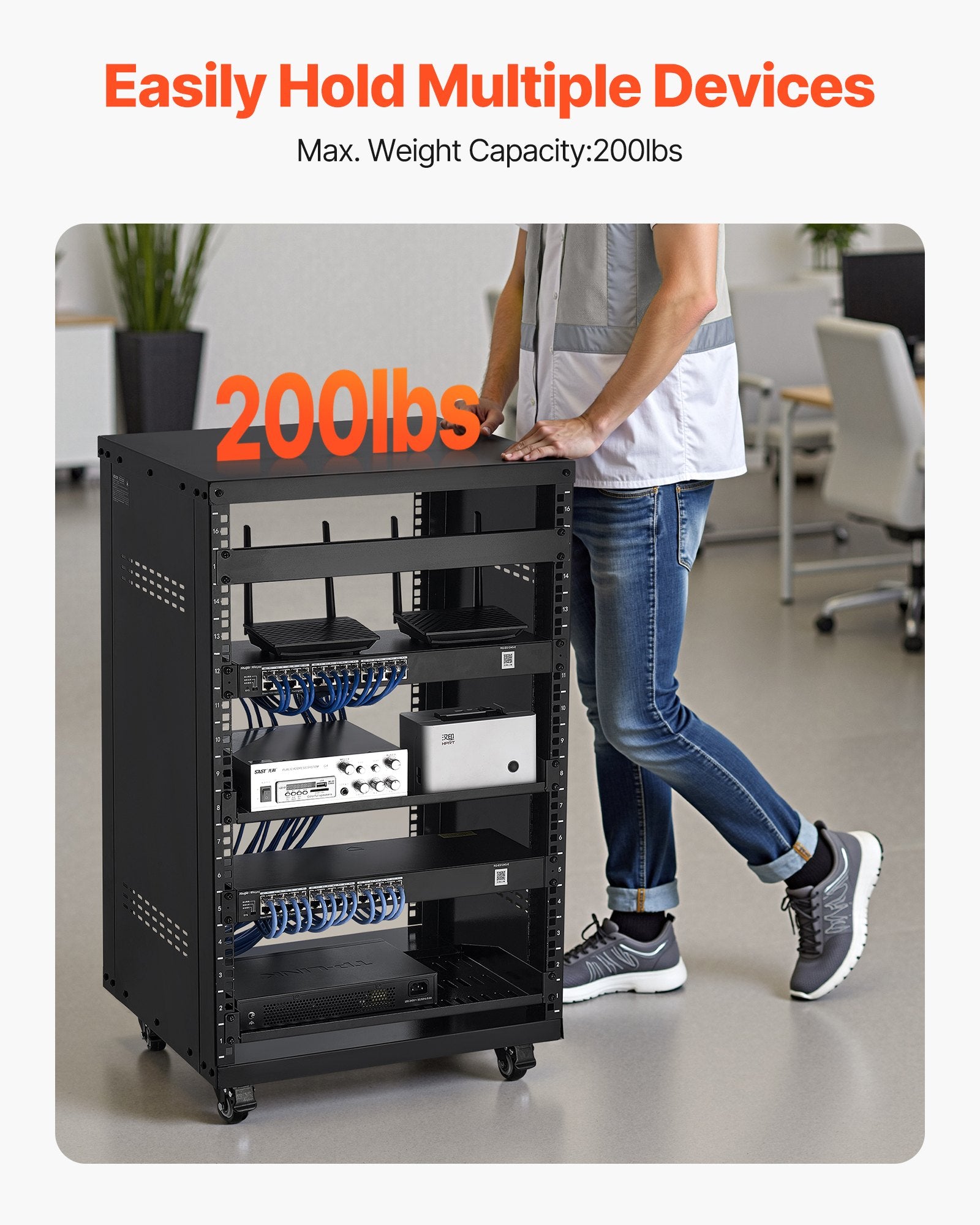 16U AV Rack for Home Studios - Sturdy Open Frame Server Cabinet with Lockable Casters, Ventilated Design for 19-Inch Audio Video and IT Equipment