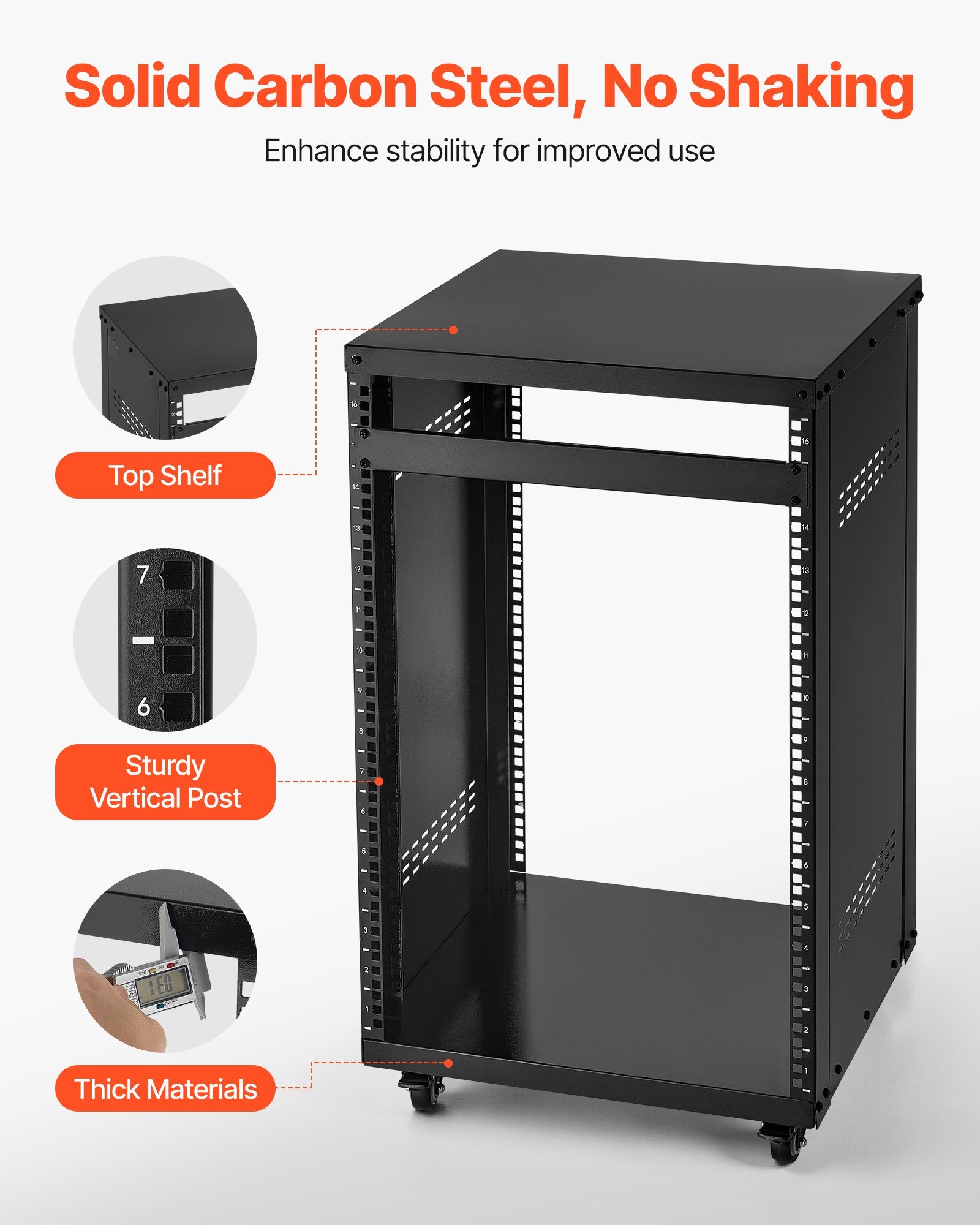 16U AV Rack for Home Studios - Sturdy Open Frame Server Cabinet with Lockable Casters, Ventilated Design for 19-Inch Audio Video and IT Equipment