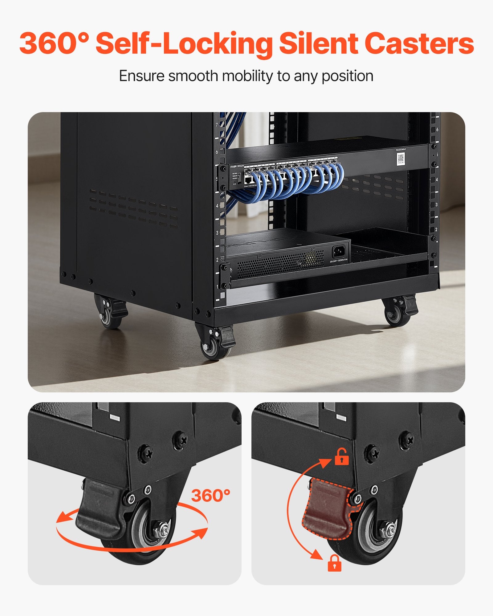 16U AV Rack for Home Studios - Sturdy Open Frame Server Cabinet with Lockable Casters, Ventilated Design for 19-Inch Audio Video and IT Equipment