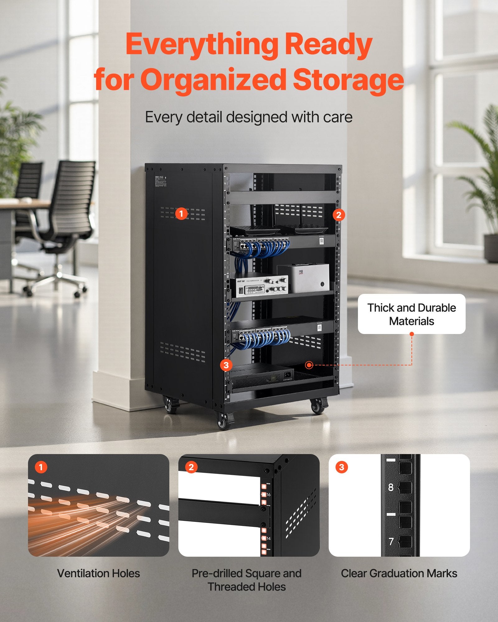 16U AV Rack for Home Studios - Sturdy Open Frame Server Cabinet with Lockable Casters, Ventilated Design for 19-Inch Audio Video and IT Equipment