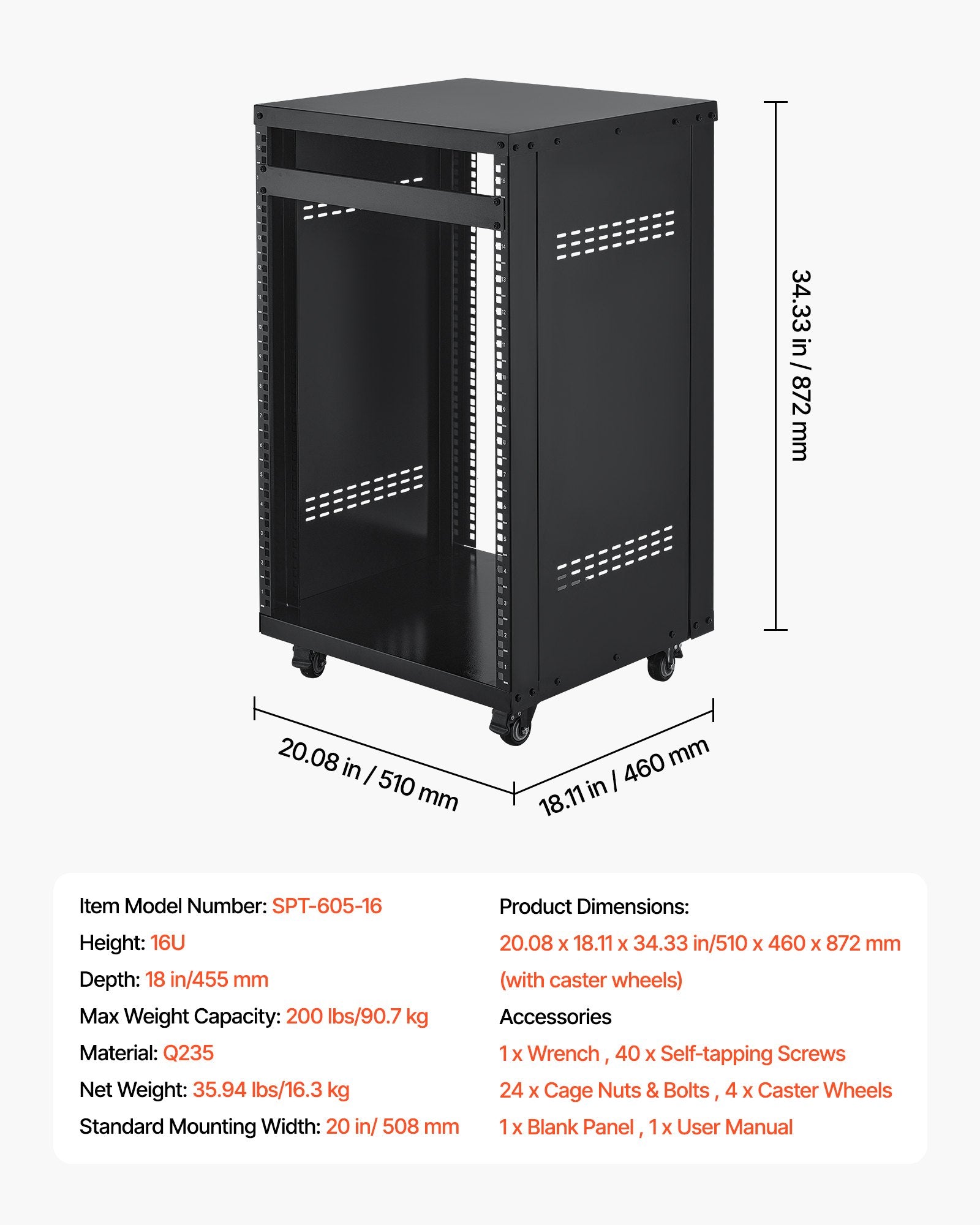 16U AV Rack for Home Studios - Sturdy Open Frame Server Cabinet with Lockable Casters, Ventilated Design for 19-Inch Audio Video and IT Equipment