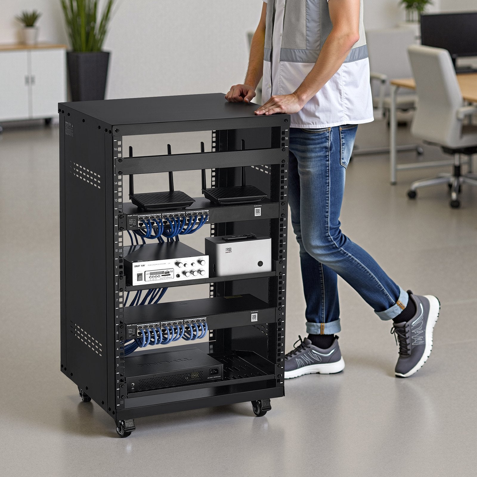 16U AV Rack for Home Studios - Sturdy Open Frame Server Cabinet with Lockable Casters, Ventilated Design for 19-Inch Audio Video and IT Equipment