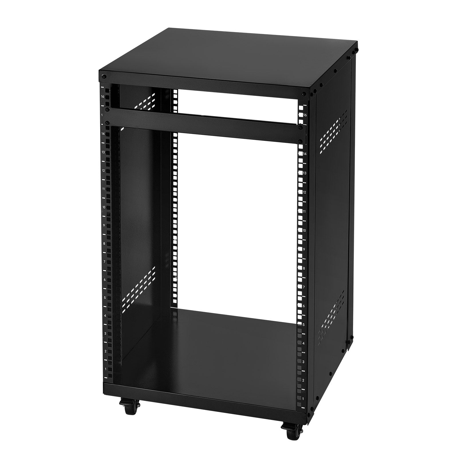 16U AV Rack for Home Studios - Sturdy Open Frame Server Cabinet with Lockable Casters, Ventilated Design for 19-Inch Audio Video and IT Equipment