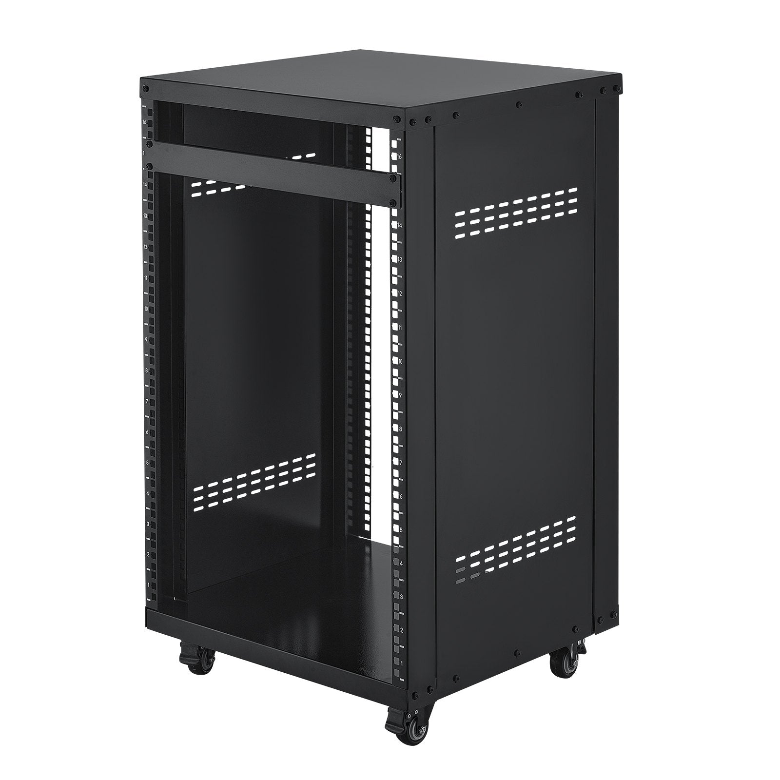 16U AV Rack for Home Studios - Sturdy Open Frame Server Cabinet with Lockable Casters, Ventilated Design for 19-Inch Audio Video and IT Equipment