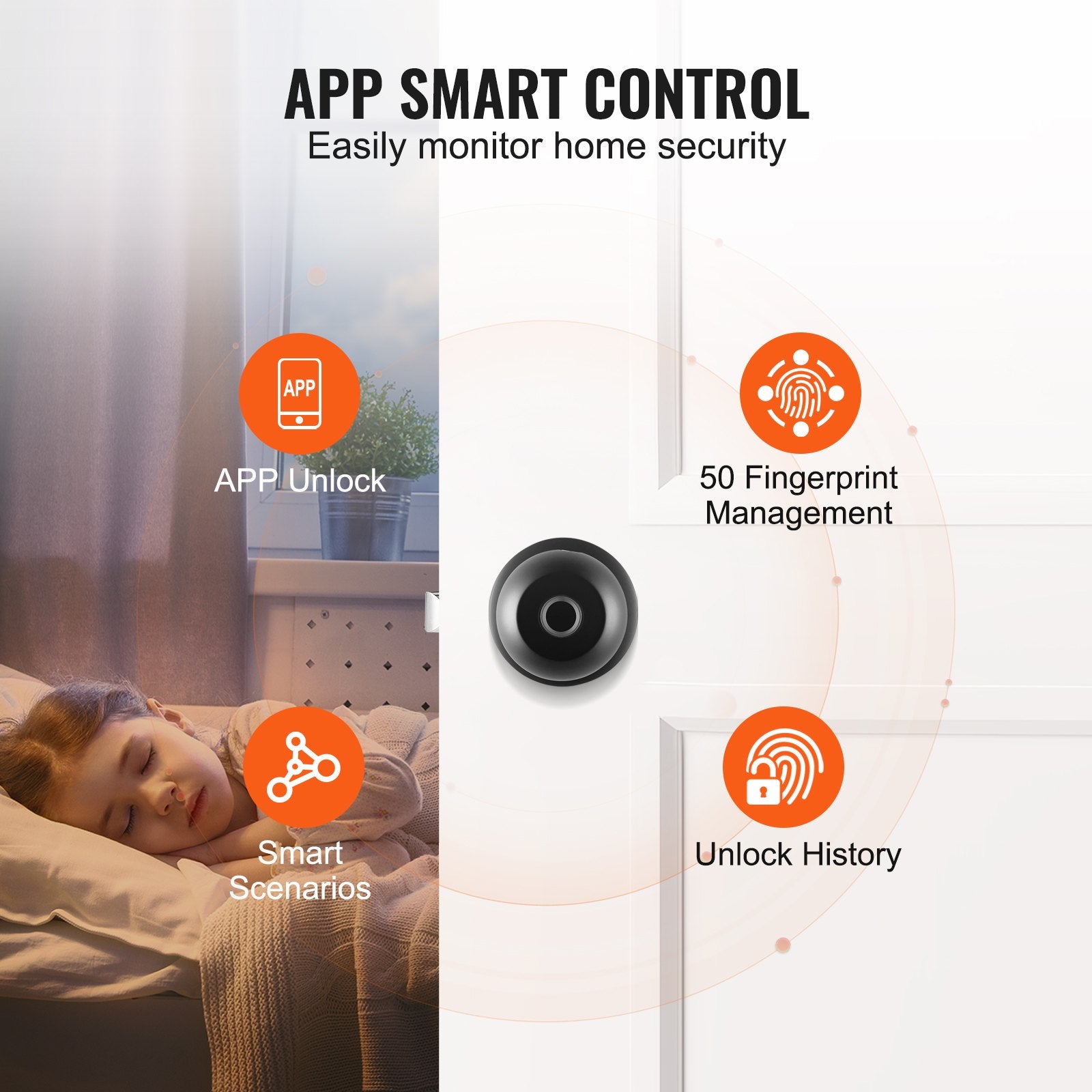 Smart Biometric Door Knob with Fingerprint, Bluetooth & App Control, Easy Install for Home, Office, Hotel - Secure Spherical Lock, Black