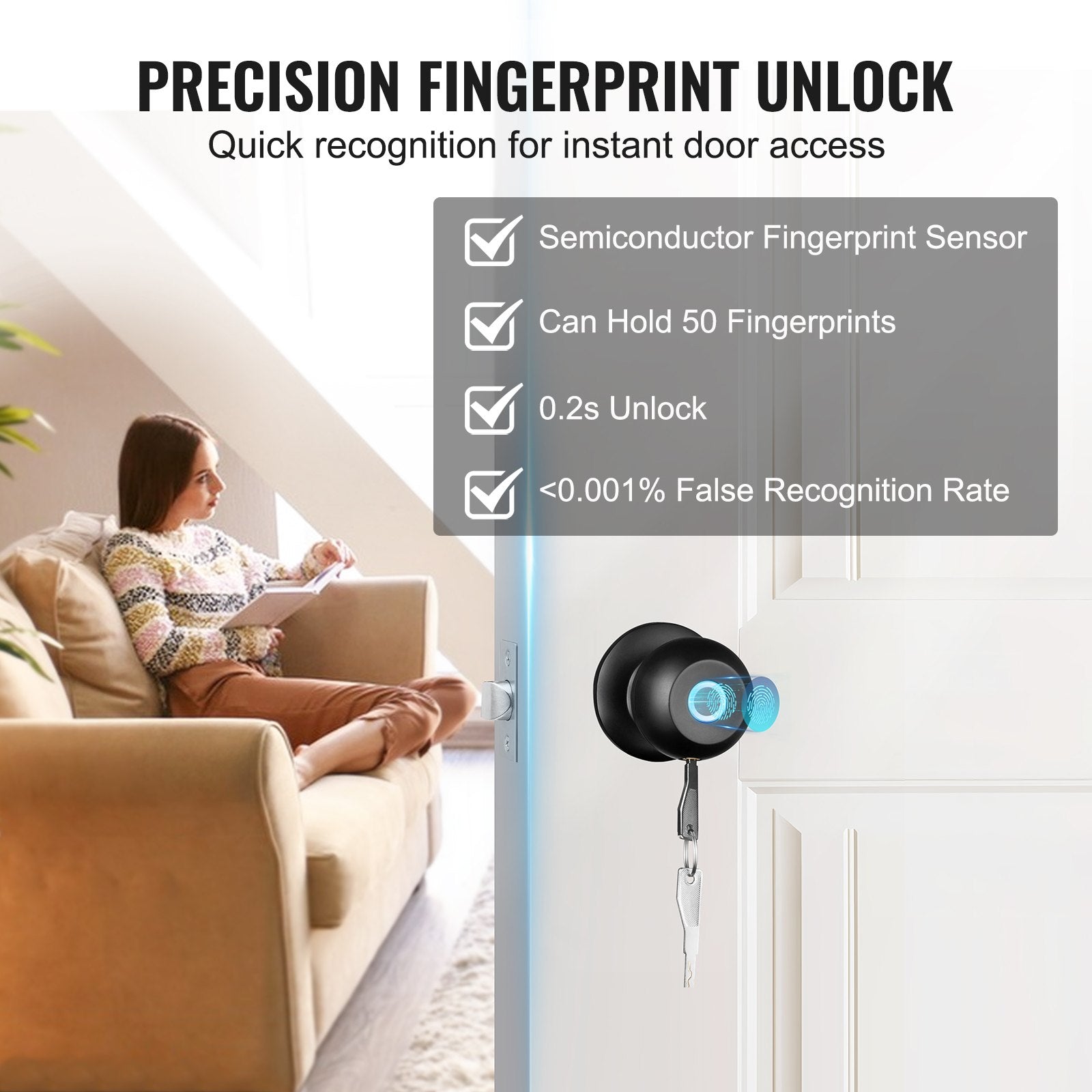 Smart Biometric Door Knob with Fingerprint, Bluetooth & App Control, Easy Install for Home, Office, Hotel - Secure Spherical Lock, Black
