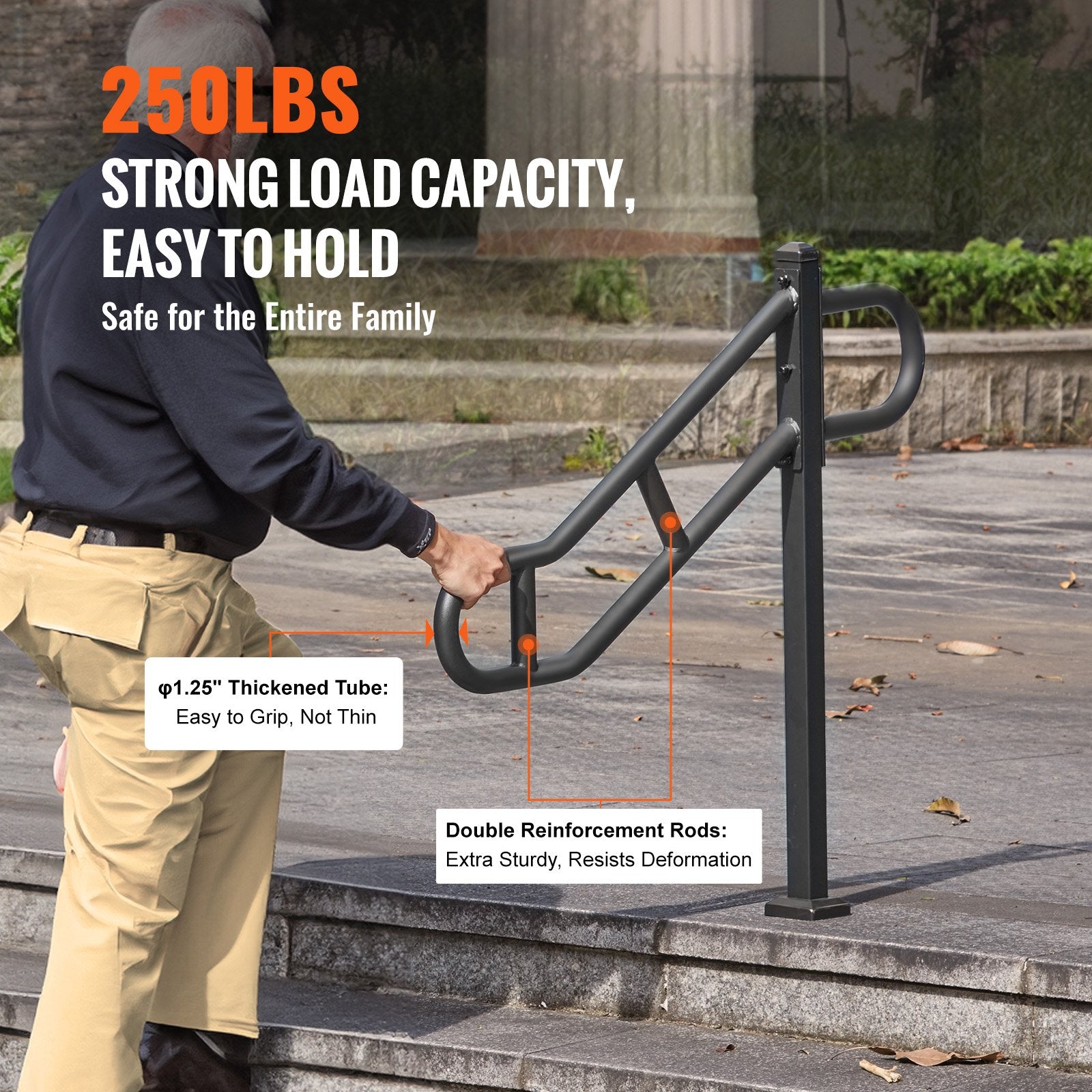 Durable Outdoor Metal Handrail for 1-3 Steps - 40.5" L x 35.4" H, Floor Mounted Carbon Steel Stair Railing with Anti-Skid Crossbars, Easy Installation