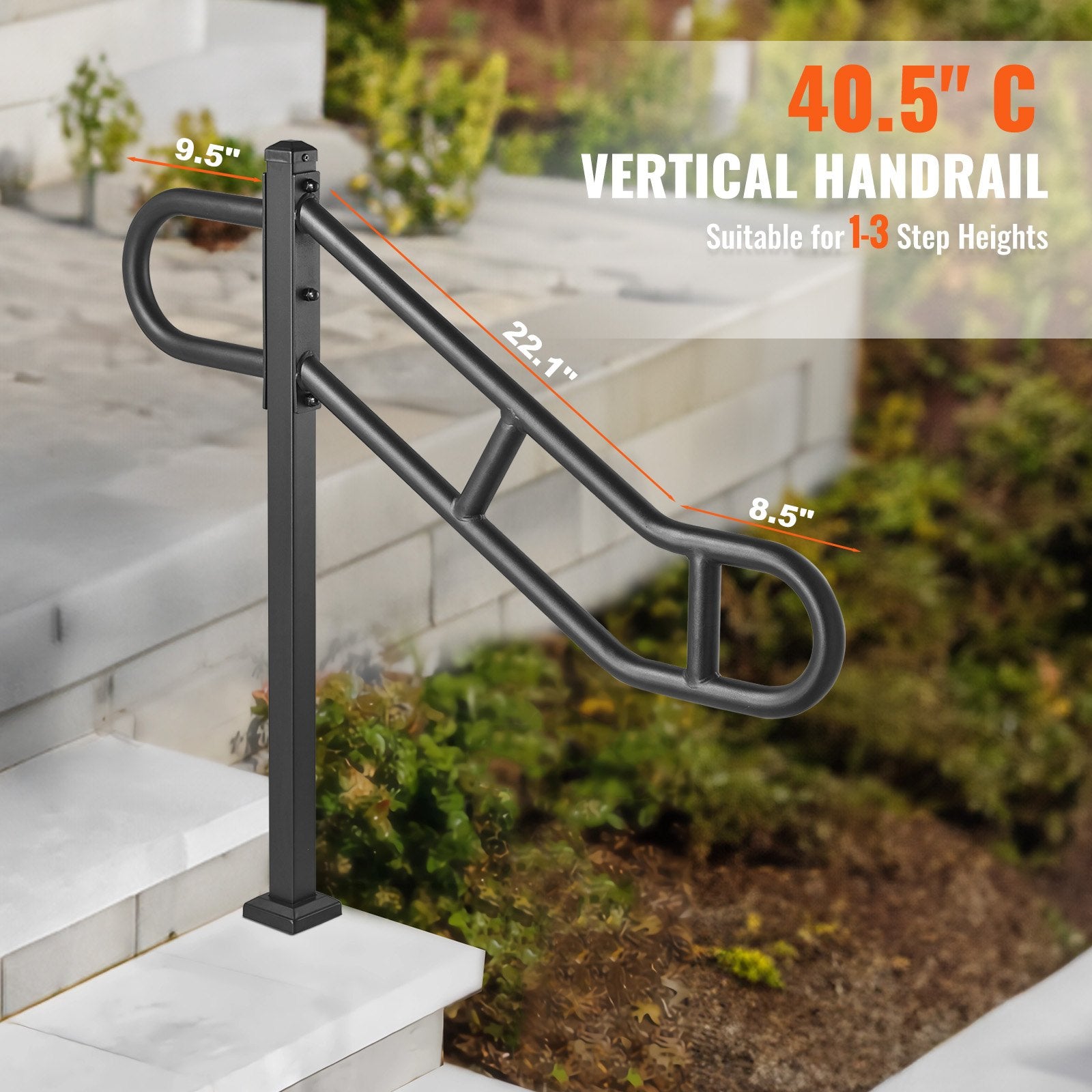 Durable Outdoor Metal Handrail for 1-3 Steps - 40.5" L x 35.4" H, Floor Mounted Carbon Steel Stair Railing with Anti-Skid Crossbars, Easy Installation