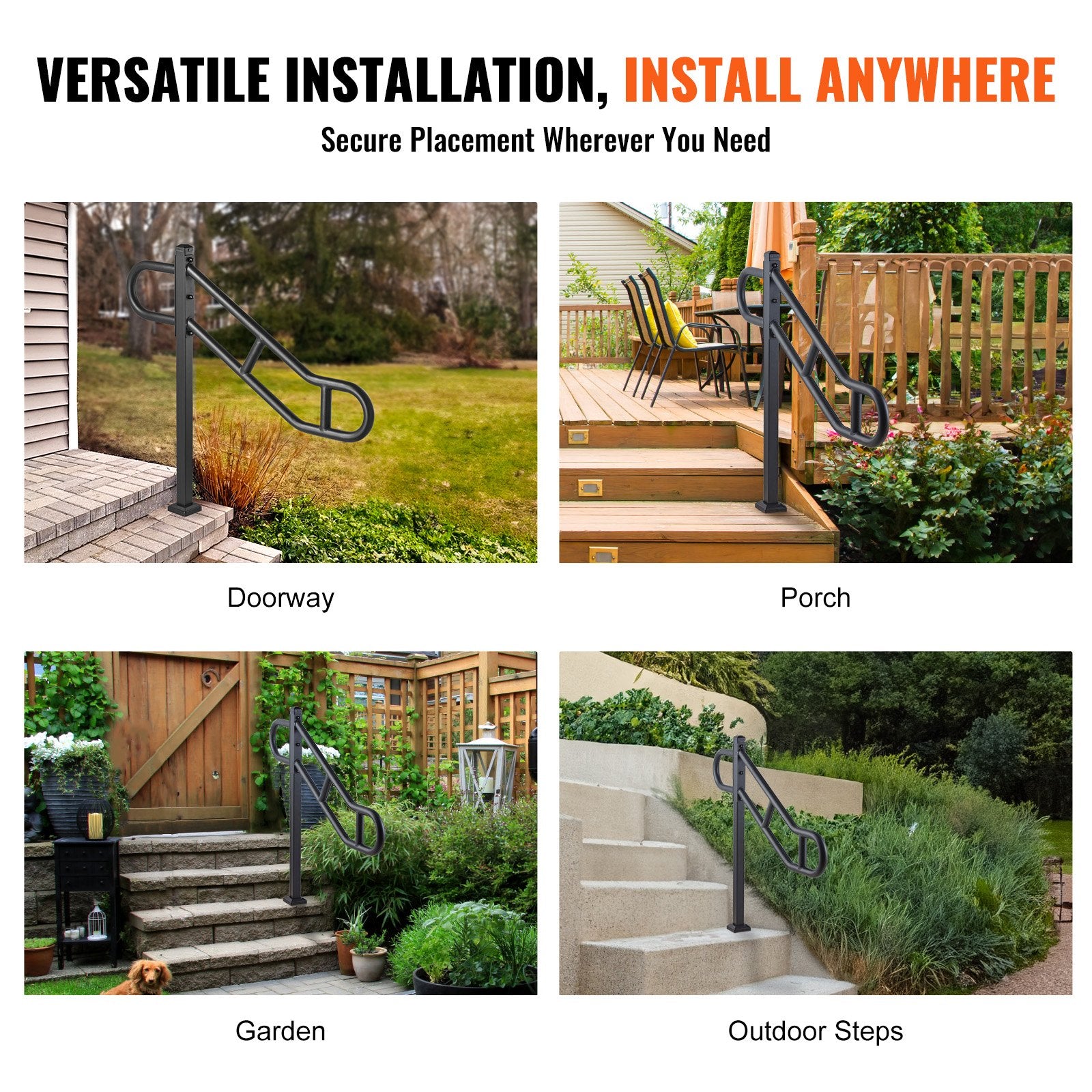 Durable Outdoor Metal Handrail for 1-3 Steps - 40.5" L x 35.4" H, Floor Mounted Carbon Steel Stair Railing with Anti-Skid Crossbars, Easy Installation