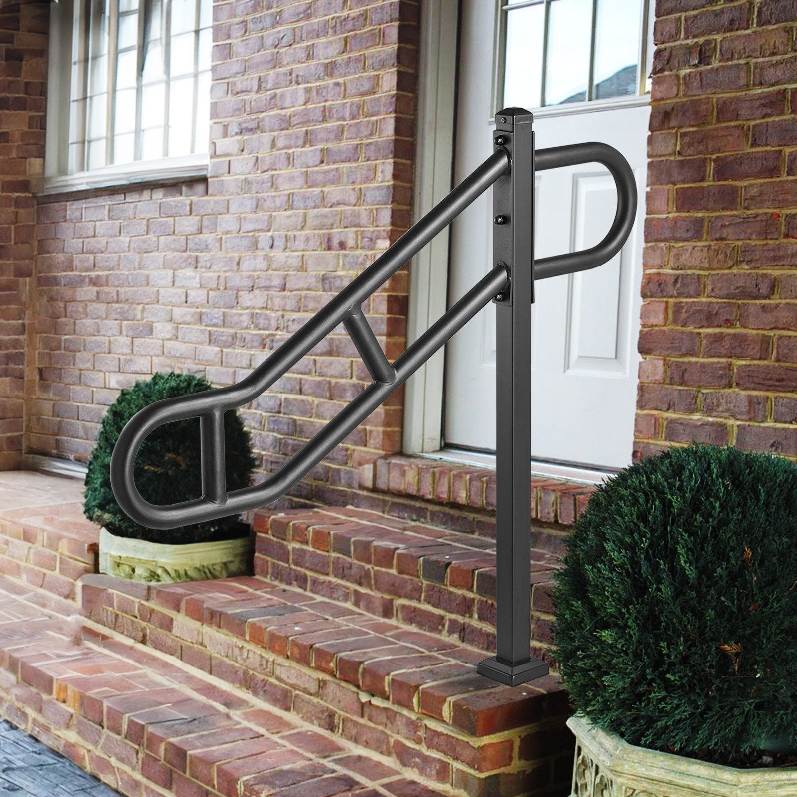 Durable Outdoor Metal Handrail for 1-3 Steps - 40.5" L x 35.4" H, Floor Mounted Carbon Steel Stair Railing with Anti-Skid Crossbars, Easy Installation