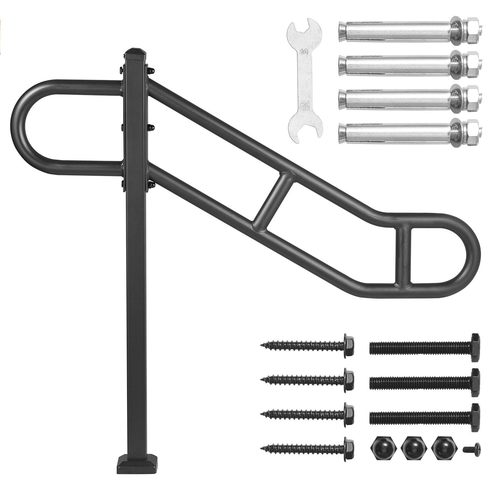 Durable Outdoor Metal Handrail for 1-3 Steps - 40.5" L x 35.4" H, Floor Mounted Carbon Steel Stair Railing with Anti-Skid Crossbars, Easy Installation