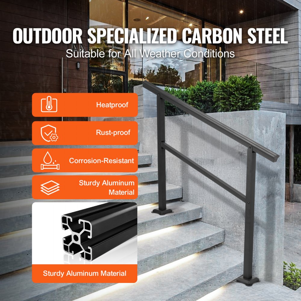 Durable Black Outdoor Handrail for 1 to 3 Steps - 48 x 35.5 Inches